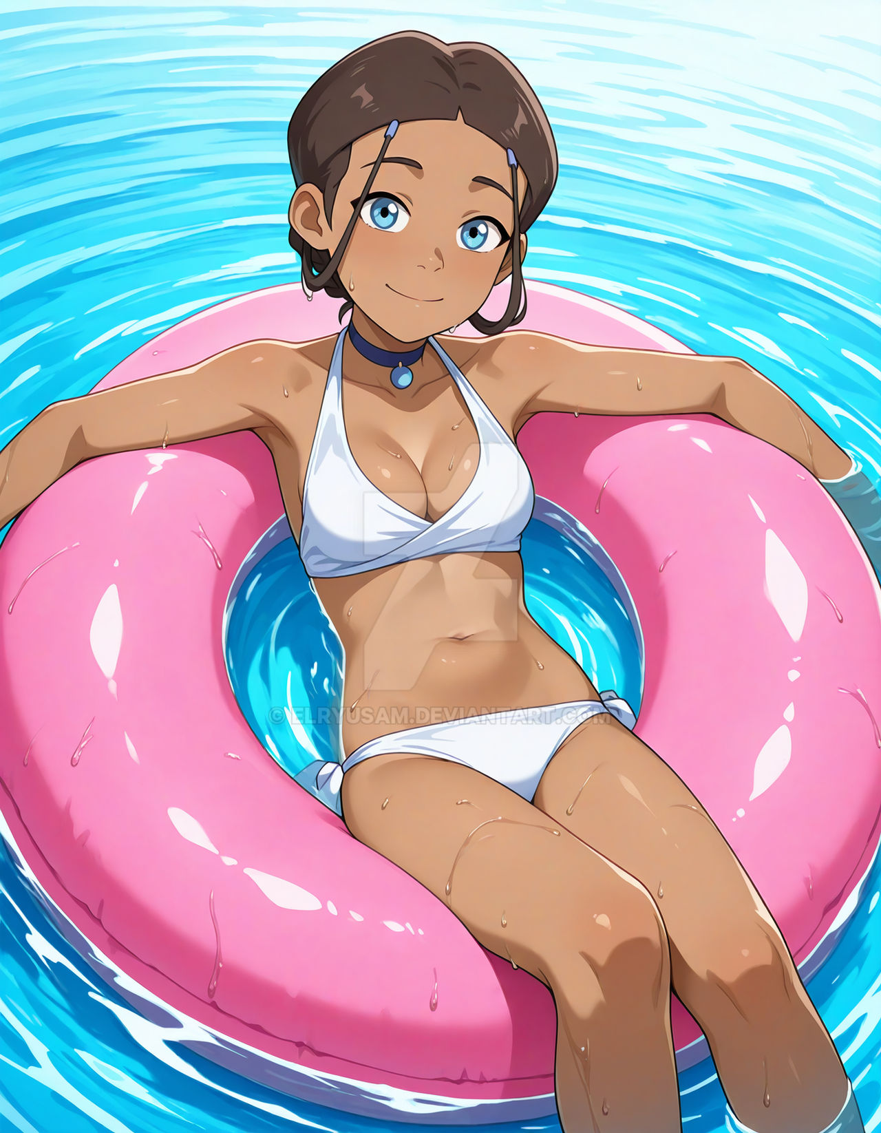 2025, ai generated, avatar the last airbender, belly, black dot eyes, black eyebrows, blue collar, blue eyes female, brown body, brown hair female, brown skin, deviantart, elryusam, female, female only, katara, looking at viewer, lying on pool toy, nickelodeon, paramount animation, pool tube, river, smile at viewer, smiling at viewer, tummy, viacom, water background, wet body, wet face, wet hair, wet head, white bikini