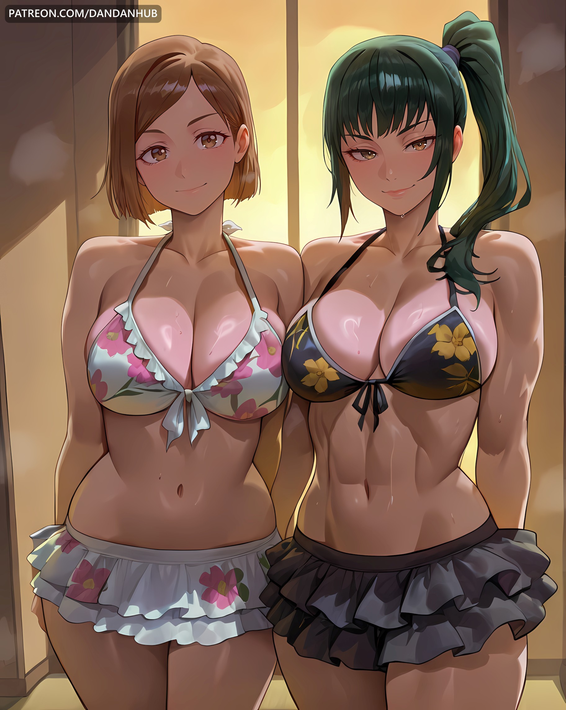 2girls, abs, ai generated, arms behind back, asymmetrical docking, bangs, bare shoulders, bikini, bikini skirt, black bikini, blush, breast press, breasts, brown eyes, brown hair, cleavage, closed mouth, collarbone, cowboy shot, dandanhub, female, floral print, frilled bikini, frills, front-tie bikini top, front-tie top, green hair, jujutsu kaisen, kugisaki nobara, large breasts, long hair, looking at viewer, maki zenin, multiple females, multiple girls, navel, nobara kugisaki, ponytail, print bikini, short hair, side ponytail, sidelocks, smile, stomach, sweat, swimsuit, thighs, toned, white bikini, zenin maki