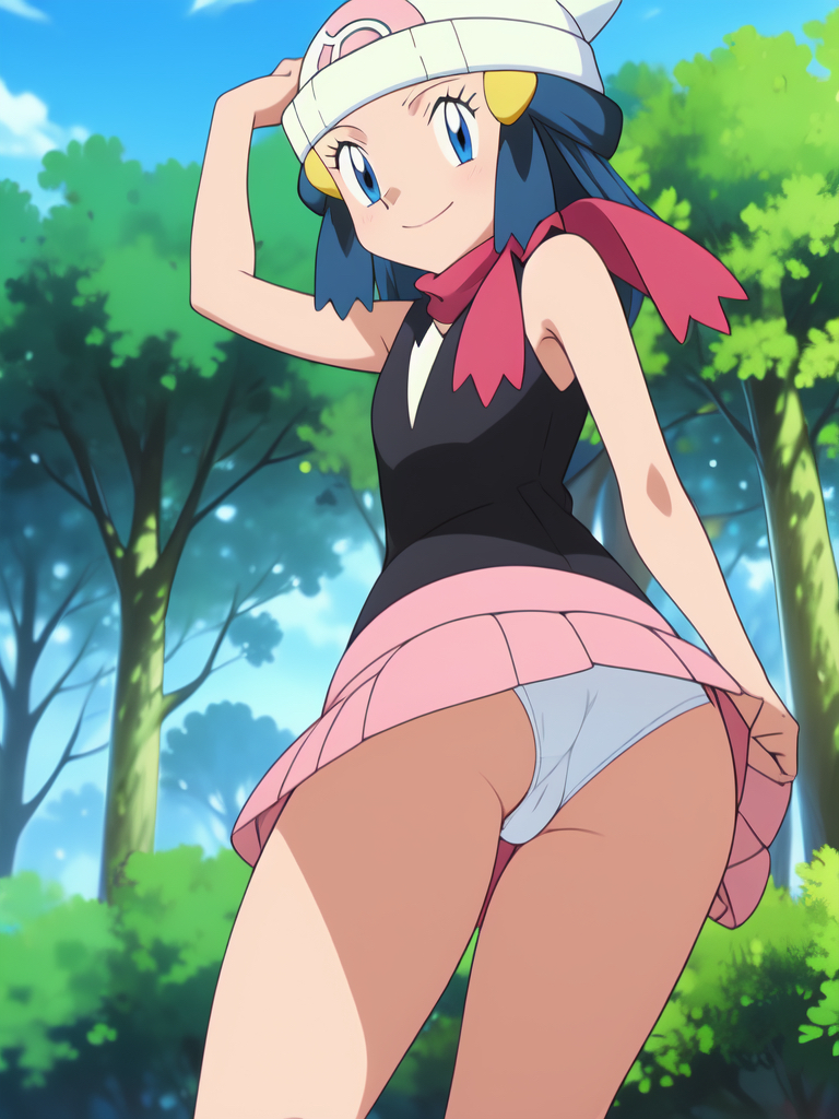 ai assisted, ai generated, dawn (pokemon), panties, pokemon, pokemon dppt (anime), scarf, upskirt, white panties