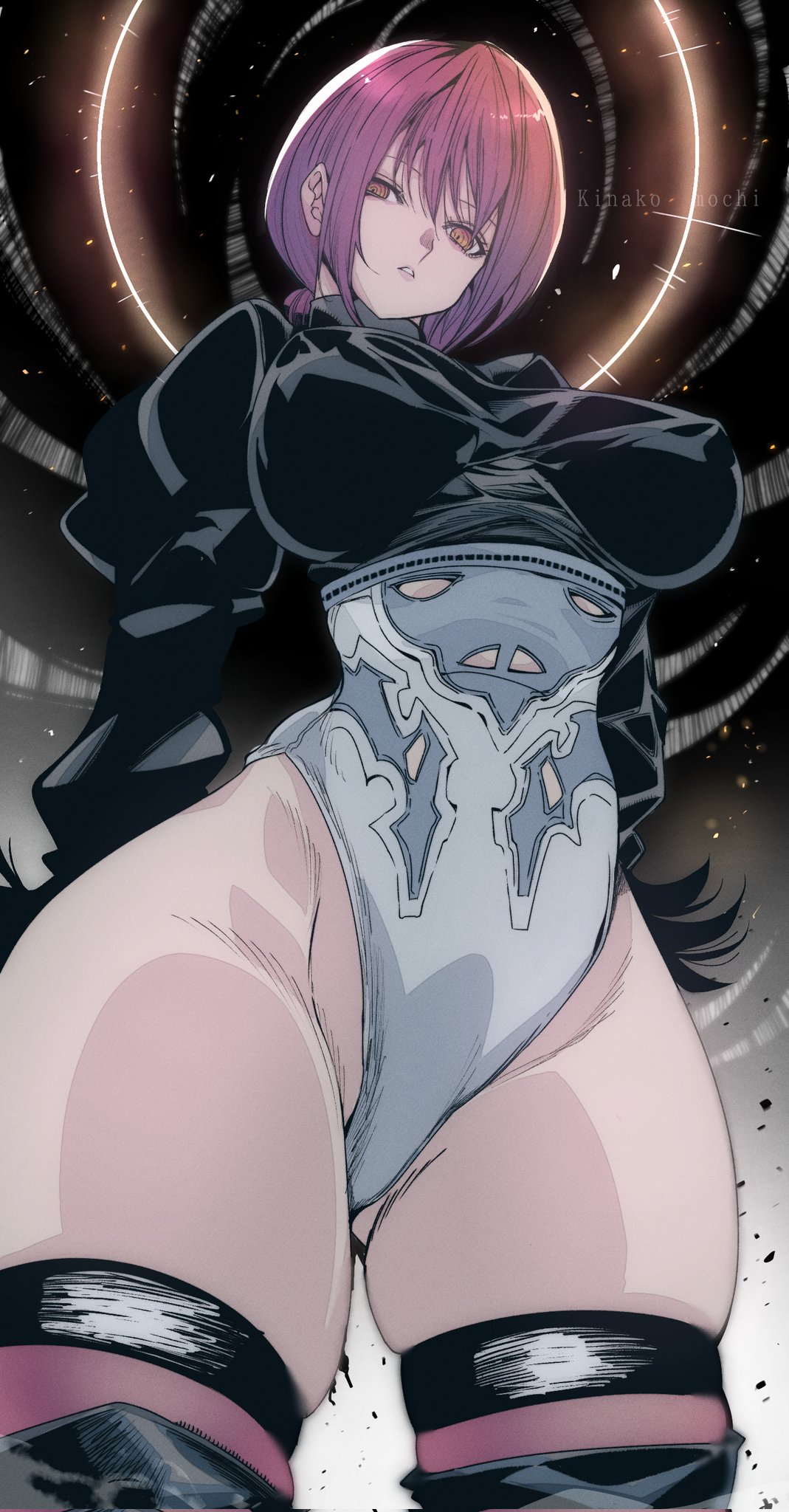 big breasts, chainsaw man, female, female only, high heels, hips wider than shoulders, makima (chainsaw man), nier: automata, omochi db, red hair, thick thighs, thighhighs, wide hips, yellow eyes, yorha 2b