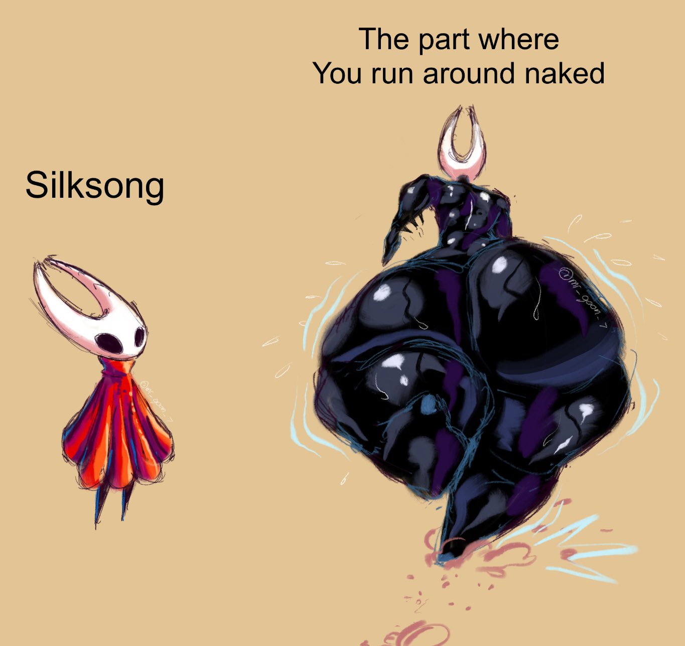 1girls, ass, ass bigger than head, barefoot, black body, completely nude, completely nude female, female, female only, full body, giant ass, hollow knight, hollow knight: silksong, hornet (hollow knight), huge ass, meme, mr goon, naked, naked female, nude, nude female, red skirt, running, solo, solo female, the part where you run around naked