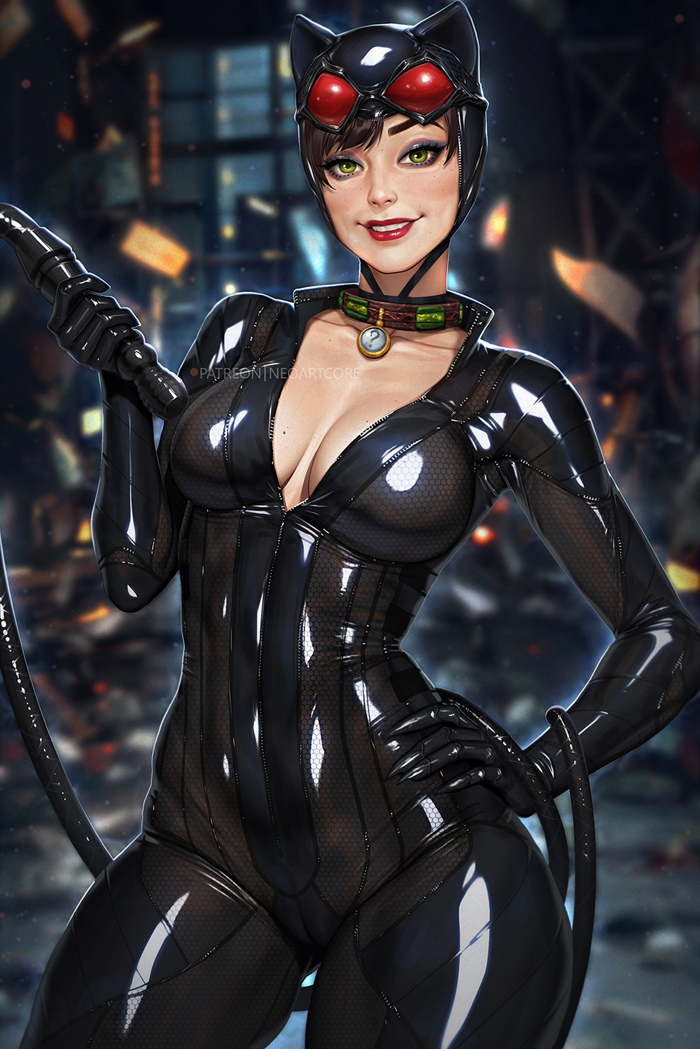 1girls, batman (series), batman: arkham knight, big breasts, black bodysuit, bodysuit, breasts, brown hair, catwoman, catwoman (arkham knight), catwoman (arkham), cleavage, clothed, clothed female, dc, dc comics, female, female only, goggles, green eyes, holding, holding object, holding whip, large breasts, looking at viewer, neoartcore, non-nude, selina kyle, smile, solo, whip