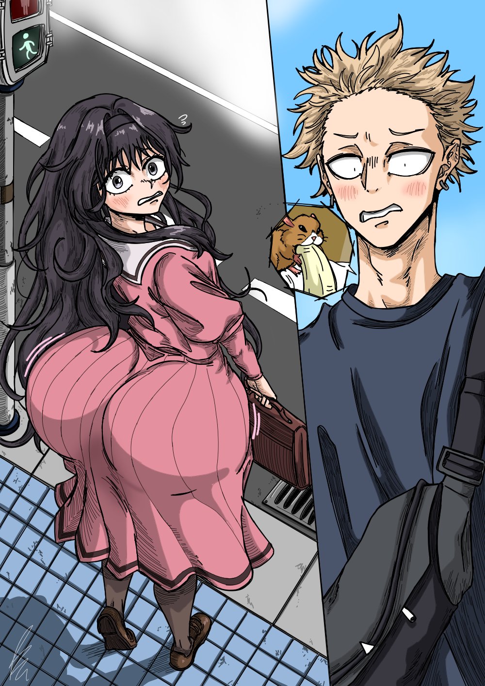 ass, ass bigger than head, ass focus, bendraws, blonde hair, blonde male, blush, blushing female, blushing male, dark hair, dark hair female, embarrassed, fat ass, female, female focus, hamster eating a banana, kaoru hana wa rin to saku, tagme, tsumugi rintarou, waguri kaoruko