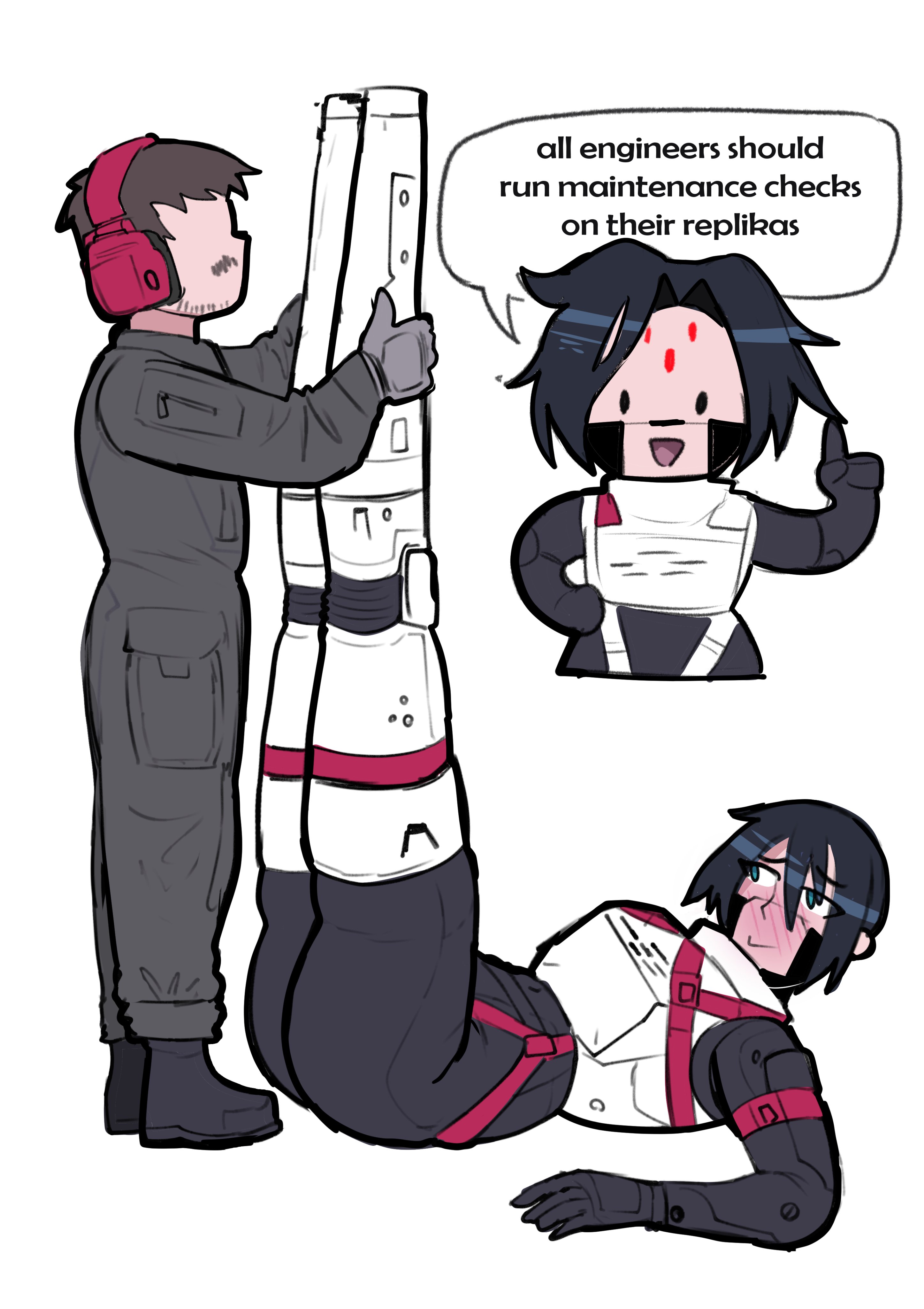 1boy, 1boy1girl, android, android girl, ass, biomechanical, black body, blue eyes, blush, faceless male, female, highres, hiltonhanoi, japversus, kolibri (signalis), larger female, legs, legs together, legs up, male, signalis, storch (signalis), thighs