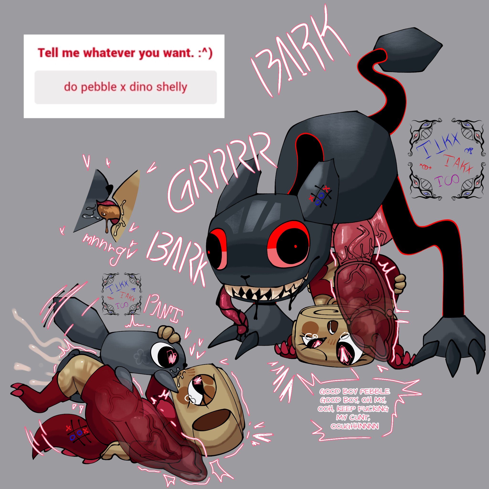 1boy, 1girls, big penis, blushcrunch studio, canine, canine penis, canine penis on humanoid, crying, crying with eyes open, cum, dandy's world, dandys world, dino snore shelly, dog genitals, feral, feral on anthro, feral penetrating, french kiss, french kissing, growling, heart, heart-shaped pupils, hi res, hyper, hyper balls, hyper penis, kissing, kissing while penetrated, kissing with tongue, male/female, pebble (dandy's world), sharp teeth, shelly (dandy's world), small but hung, stomach bulge, strawpage, strawpage request, tikxtakxtoo, twisted pebble (dandy's world), vaginal penetration, vaginal sex, veins, veins on dick, x-ray, zoophilia