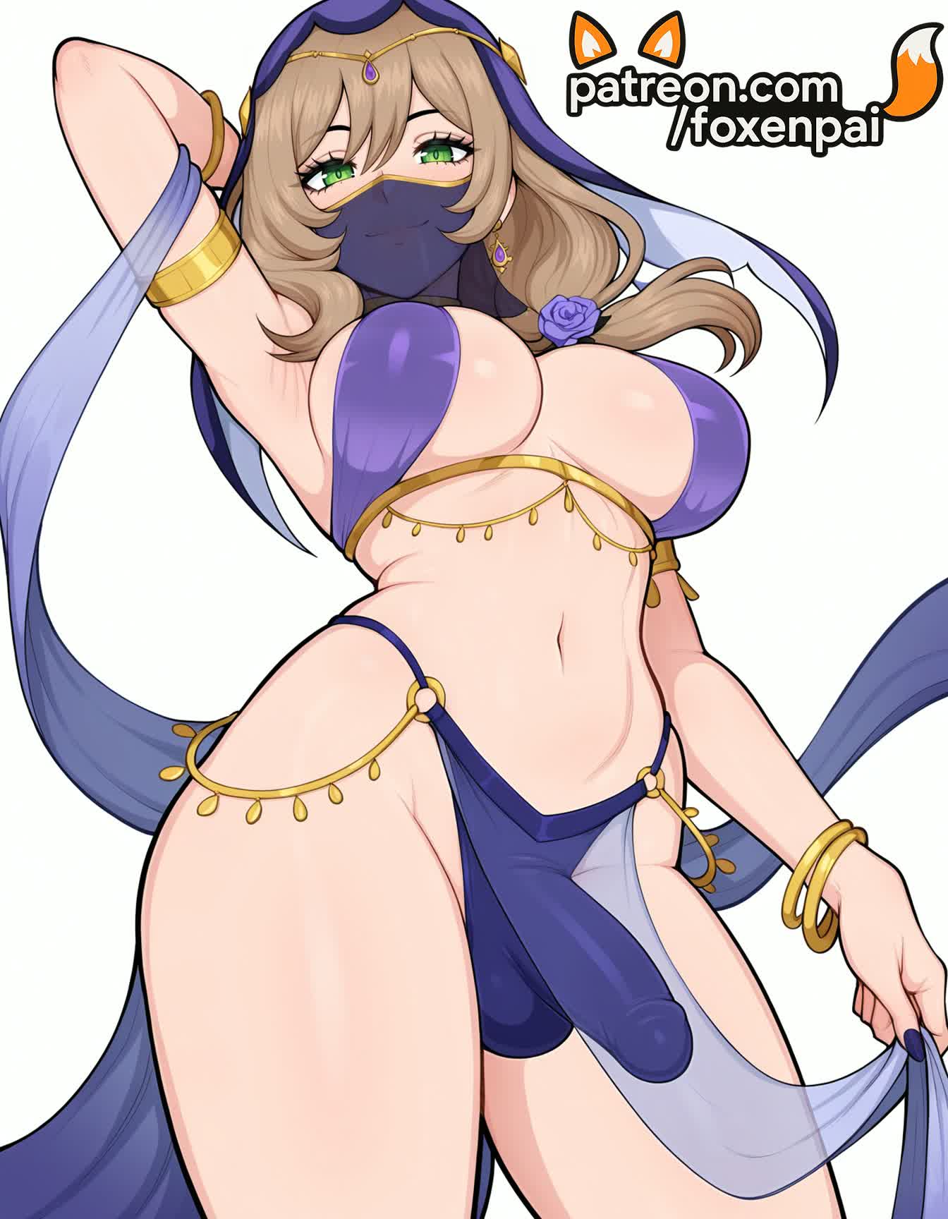 1futa, 2025, ai generated, armlet, artist name, blush, bracelet, breasts, brown hair, bust, chest, earrings, flower, foxenpai, futanari, genshin impact, green eyes, hi res, high quality, high resolution, highres, hood, jewelry, lisa (genshin impact), long hair, looking at viewer, mondstadt girls, mouth veil, navel, patreon, patreon username, pelvic curtain, purple bikini, rose, solo, stable diffusion, thighs, veil, watermark