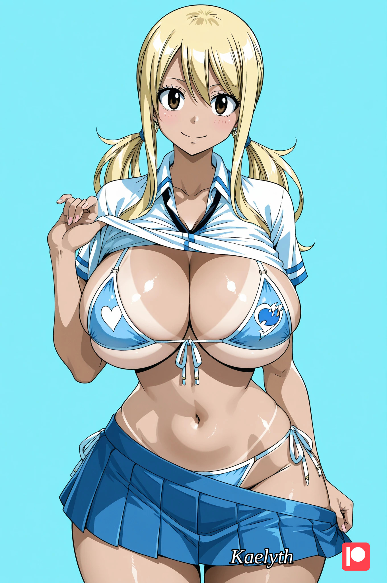 1girls, ai generated, big ass, big breasts, bikini, fairy tail, female, female only, huge breasts, kaelyth, lucy heartfilia, school uniform, skirt, tan body, undressing