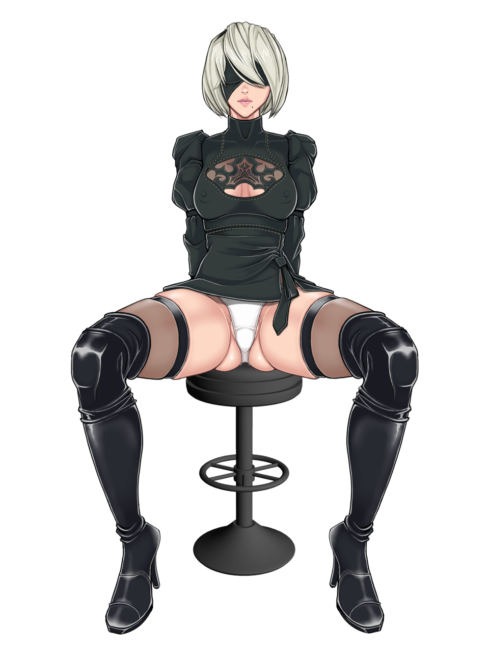 blindfold, breasts, cleavage, erect nipples, female, female only, leotard, nier, nier: automata, nipples, panties, sitting, solo, spread legs, thighhighs, tonykurabu, yorha 2b