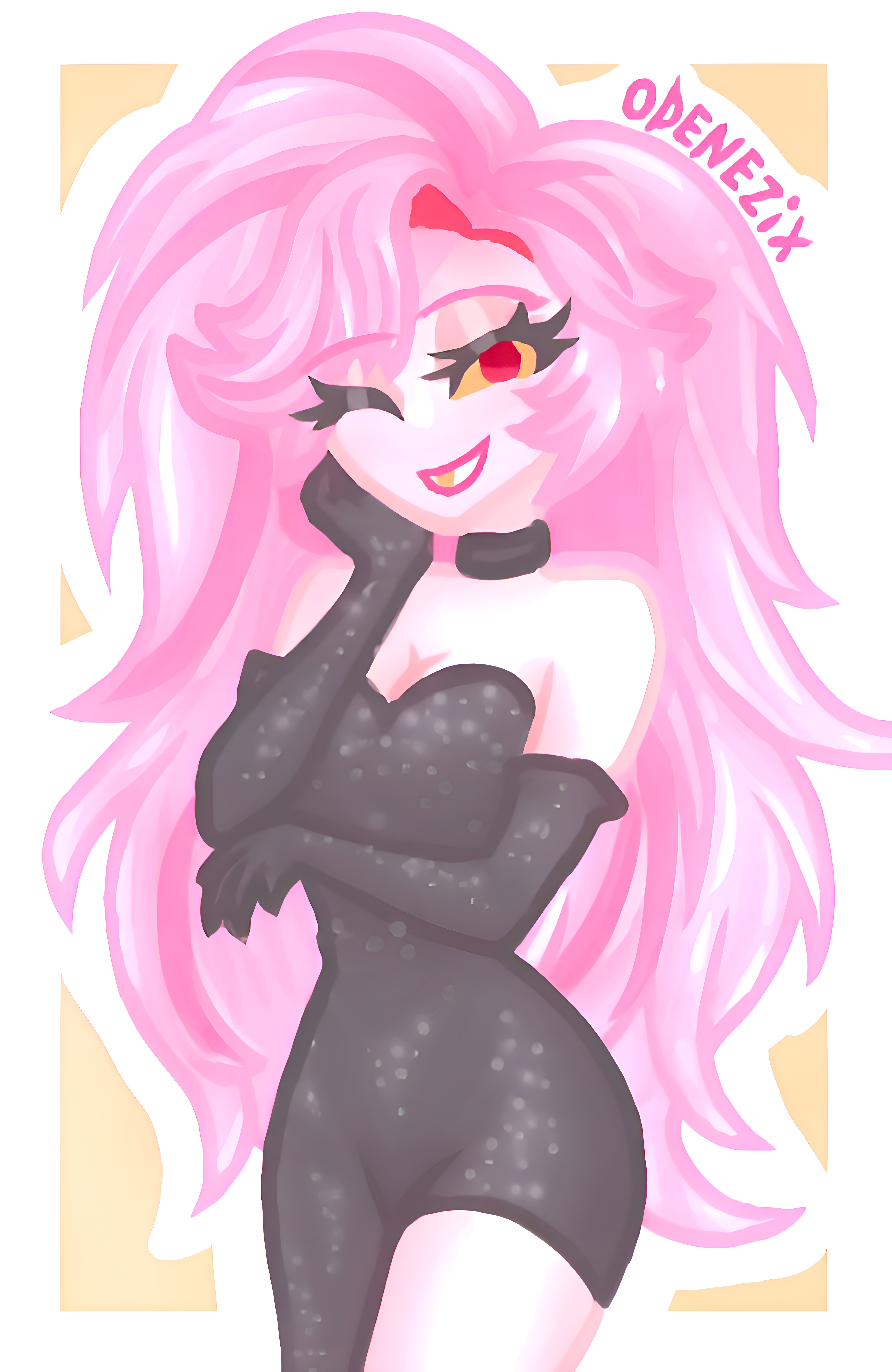 4k, angel dust (hazbin hotel), angel in drag (hazbin hotel), black dress, black gloves, clothed, cute, cute style, drag (fashion), drag queen, dress lift, female, female focus, hazbin hotel, high quality, high resolution, odenezix, purple hair, smile, spider