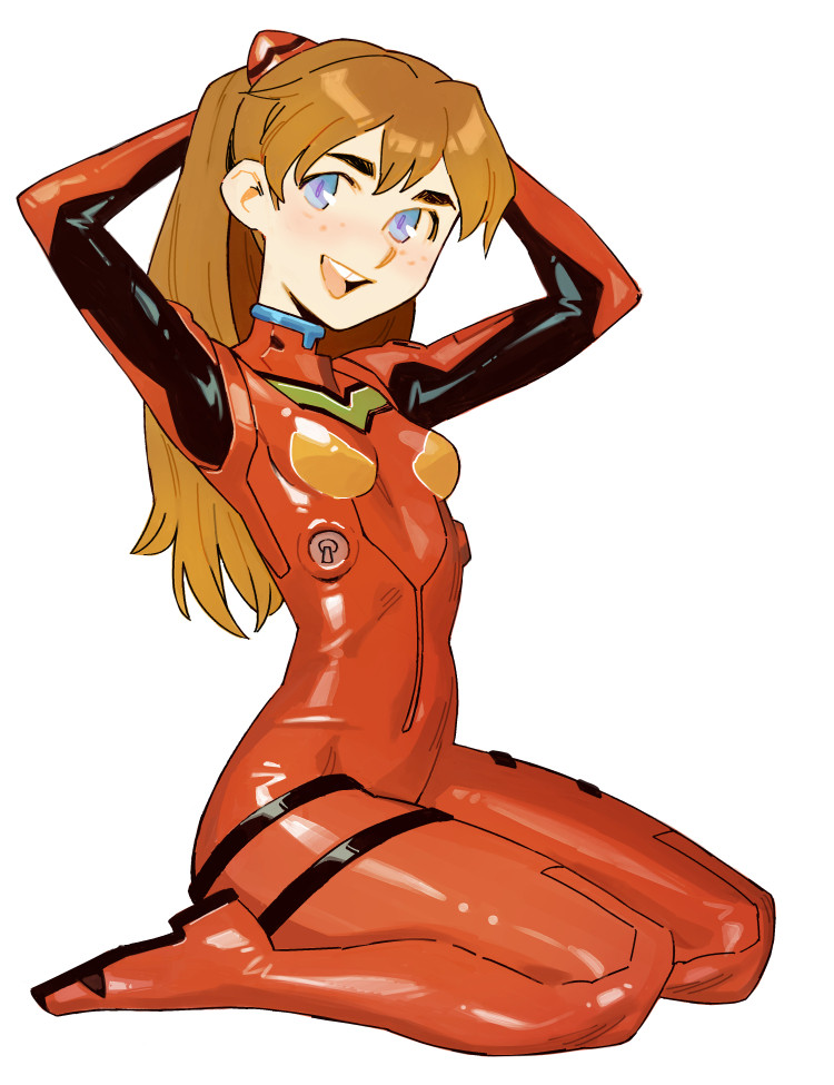 1girls, arms over head, asuka langley sohryu, bodysuit, breasts, clothed, clothing, color, effyneprin, feet, female, female focus, female only, flat chest, freckles, freckles on face, fully clothed, ginger, hi res, kneeling, light skin, light-skinned female, long hair, looking at viewer, neon genesis evangelion, orange hair, plugsuit, red hair, science fiction, shiny clothes, sineprin, skin suit, skin tight, skinsuit, skintight, skintight clothing, slim, small breasts, small waist, smile, smile at viewer, smiling, solo, solo female, suit, tight clothing, twintails, waist