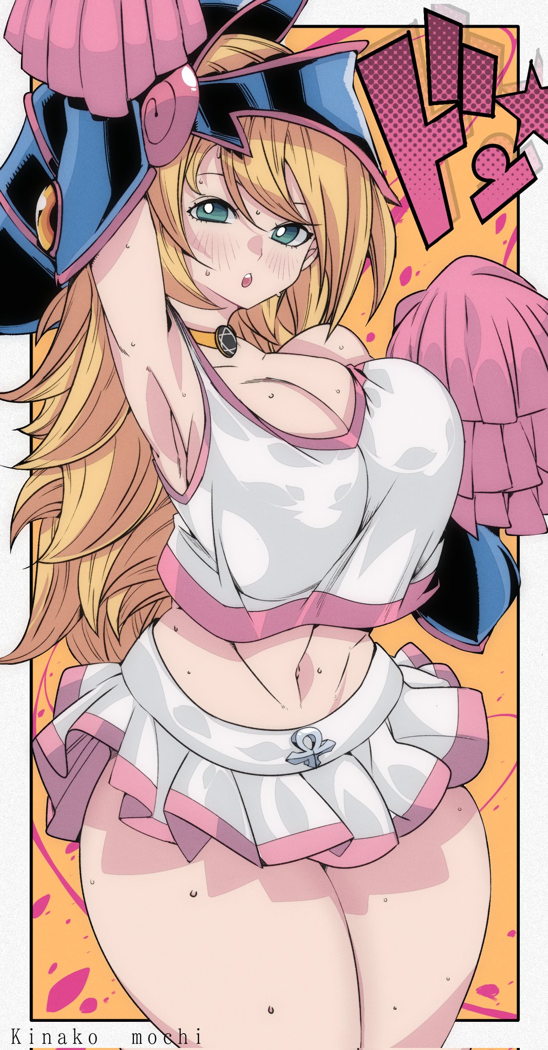 1girls, arm up, armpits, big breasts, blonde female, blonde hair, bouncing breasts, busty, cheerleader, cheerleader costume, cheerleader outfit, cheerleader uniform, child bearing hips, dark magician girl, green eyes, hips, hips wider than shoulders, large breasts, long hair, midriff, miniskirt, navel, omochi db, pom pom (cheerleading), pom poms, thighs, voluptuous, wide hips, yu-gi-oh!, yu-gi-oh! duel monsters