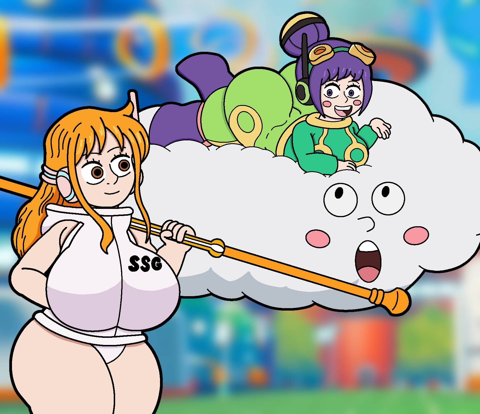 2girls, 3d glasses shorty, ass, ass bigger than head, ass focus, big ass, big breasts, big butt, breasts, bubble ass, bubble butt, clothing, egghead, egghead outfit, fat ass, female, female only, huge ass, huge breasts, huge thighs, kurozumi tama, nami (one piece), no pants, one piece, orange hair, otama (one piece), patatero69, purple eyes, purple hair, shortstack, thick thighs, tight clothing, toastysnacktime, wide hips, zeus (one piece)