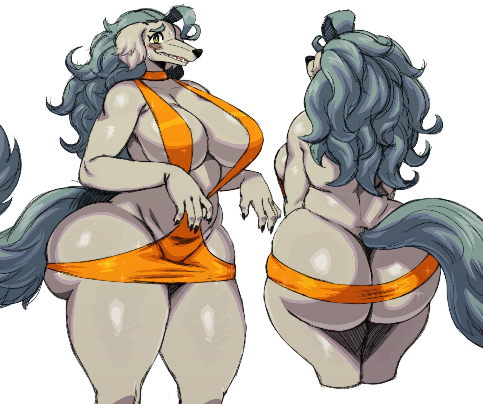 2025, anthro, ass, big ass, big breasts, borzoi, breasts, canid, canine, canis, clothed, clothing, digital media (artwork), dog knight rpg, domestic dog, dress, female, fur, glistening, glistening body, glistening breasts, glistening butt, glistening clothing, glistening fur, hi res, hunting dog, mammal, mostly nude, nervous, nervous smile, orinette (ceehaz), skimpy, smile, solo, sssonic2
