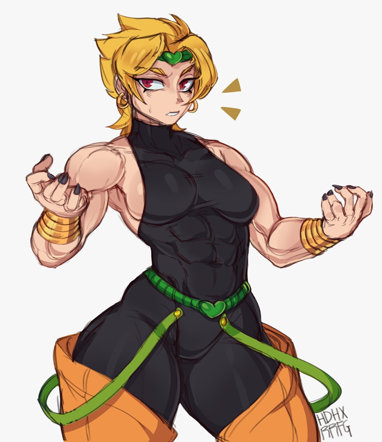 1girls, abs, artist name, athletic, athletic female, big boobs, big breasts, black nail polish, black nails, blonde hair, bodysuit, boobs, breasts, british, british female, british villain, dio brando, earring, earrings, eyelashes, female, female dio, genderbent, genderswap (mtf), gold bracelet, gold bracelets, gold wristband, green headband, hdhxrrfg, headband, heart headband, jewelry, jojo's bizarre adventure, muscle, muscles, muscular, muscular female, painted nails, red eyes, red eyes female, rule 63, simple background, sleeveless bodysuit, stardust crusaders, sweatdrop, vampire, vampire girl, white background, wristband, wristbands