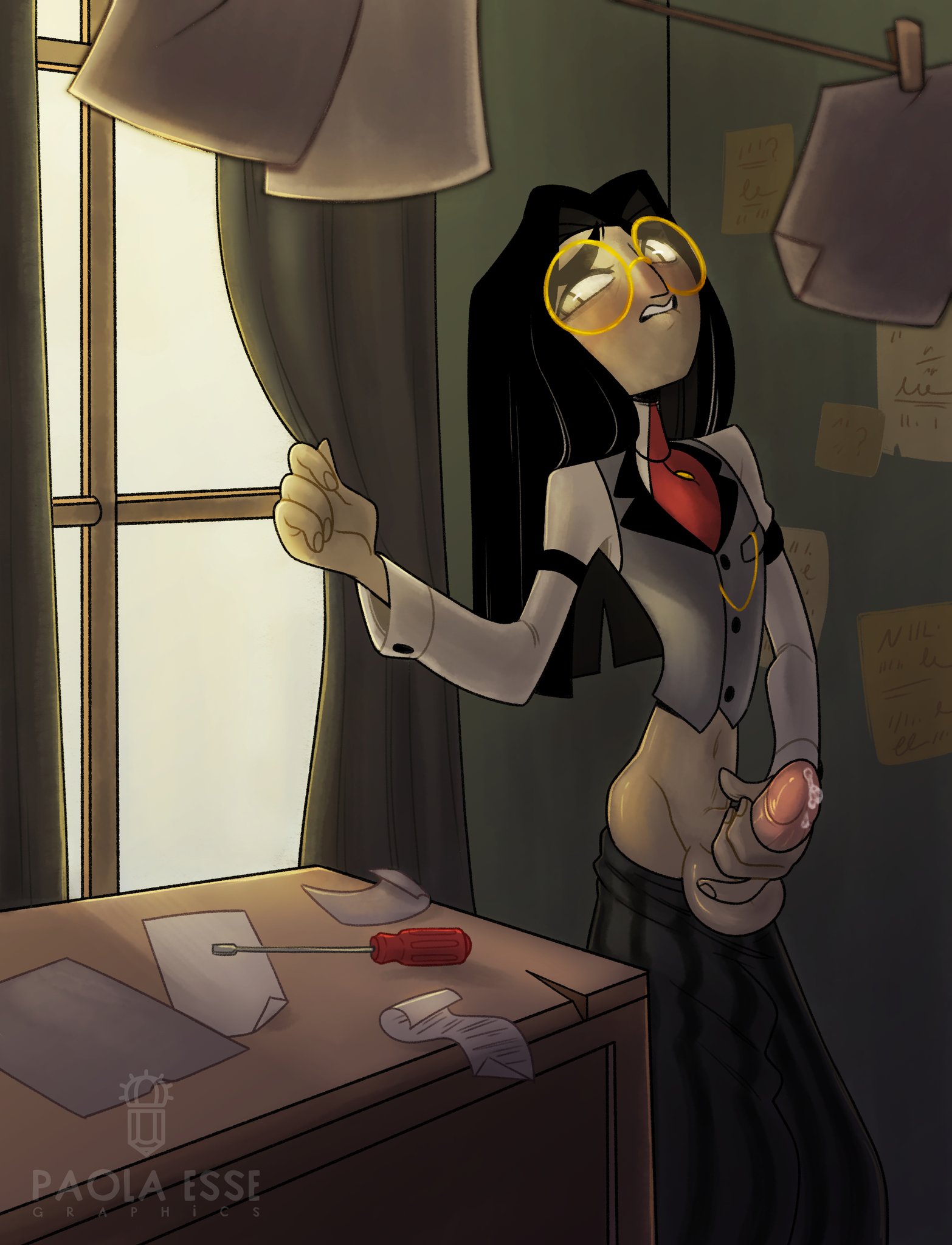1boy, 2d, artist logo, balls, black hair, color, full color, glasses, hazbin hotel, human, jerking, light skin, light-skinned male, long hair, male, male masturbation, male only, masturbating while watching, masturbation, offscreen sex, pants down, paolaessegraphics, pendleton (hazbin hotel), penis, sir pentious (hazbin hotel), sir pentious (human form), solo, solo male, straight hair, testicles, twink, voyeur, voyeurism, window