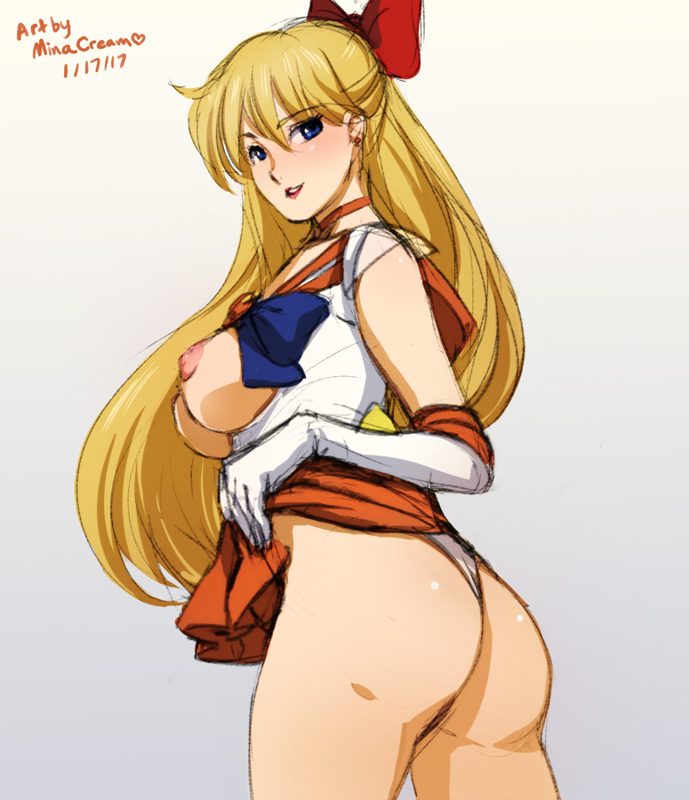 1girls, areolae, ass, big ass, big breasts, bishoujo senshi sailor moon, blonde hair, blush, bow, breasts, breasts out, choker, clothing, earrings, elbow gloves, exposed ass, exposed breasts, female, female only, gloves, hairbow, jewelry, leotard, long hair, looking at viewer, looking back, medium breasts, minacream, minako aino, miniskirt, nipples, panties, pantyshot, sailor collar, sailor venus, serafuku, short skirt, skirt, skirt lift, solo, thighs, white gloves