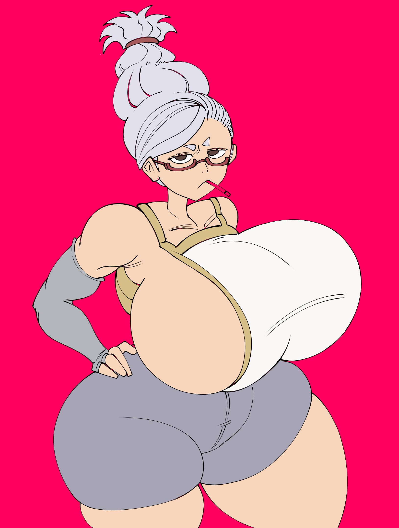 1girls, arm sleeves, ayase seiko, big breasts, boobs, breasts, dandadan, elbow gloves, female, glasses, grey hair, hips, huge ass, huge boobs, huge breasts, lotxolt, milf, simple background, skindentation, thick thighs, thighs, wide hips