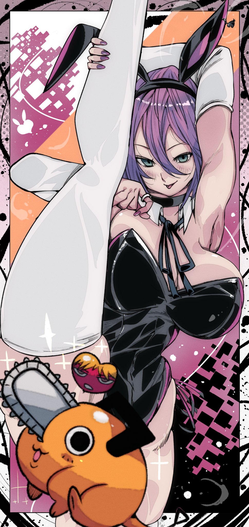 armwear, bunny ears, bunnysuit, chainsaw man, high heels, legwear, omochi db, one leg up, reze (chainsaw man), smiling, thick thighs, thighhighs, white armwear, white legwear