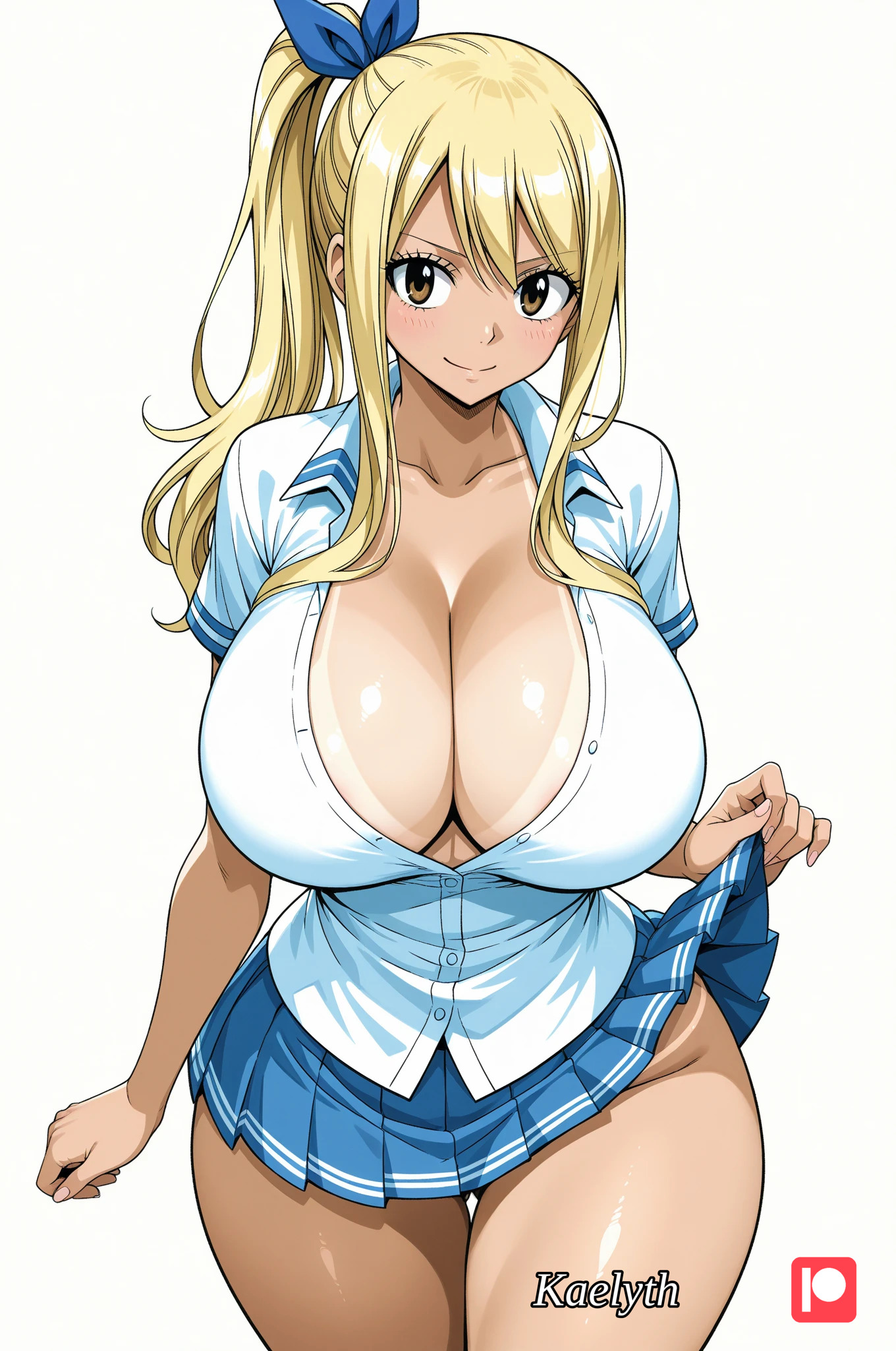 1girls, ai generated, big ass, big breasts, fairy tail, female, huge ass, huge breasts, kaelyth, lucy heartfilia, no bra, no panties, ponytail, school uniform, skirt