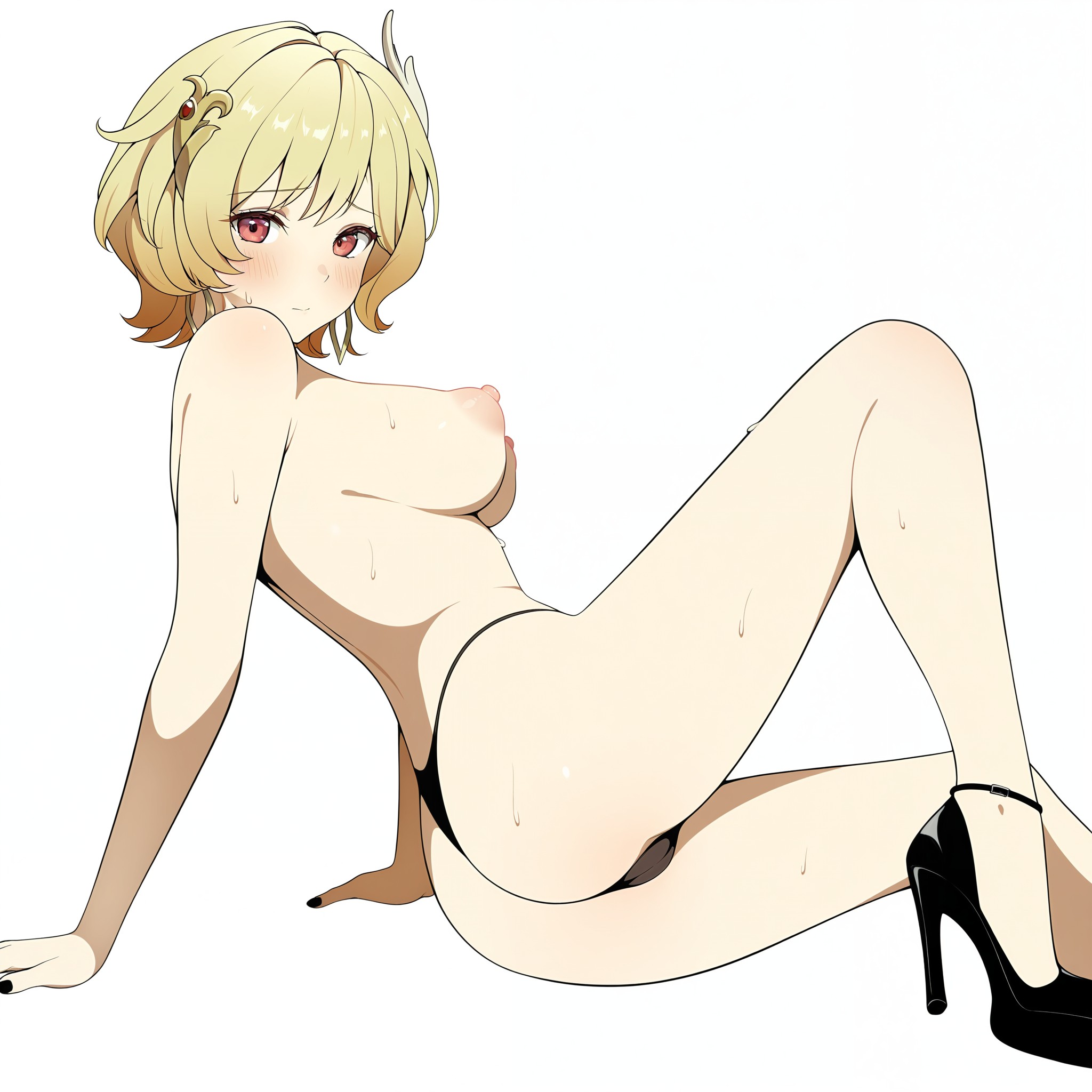 ai generated, arm support, armpit crease, ass, bare shoulders, bikini, bikini bottom only, black bikini, black footwear, black nails, black panties, blonde hair, blush, breasts, citrinne (fire emblem), closed mouth, earrings, feather hair ornament, female, fire emblem, fire emblem engage, foot out of frame, hair ornament, high heels, hoop earrings, jewelry, knee up, large breasts, legs, looking at viewer, medium breasts, nail polish, nipples, panties, puffy nipples, red eyes, short hair, simple background, sitting, solo, strappy heels, string bikini, sweat, swimsuit, thighs, thong, thong bikini, toenail polish, topless, underwear, white background, wing hair ornament