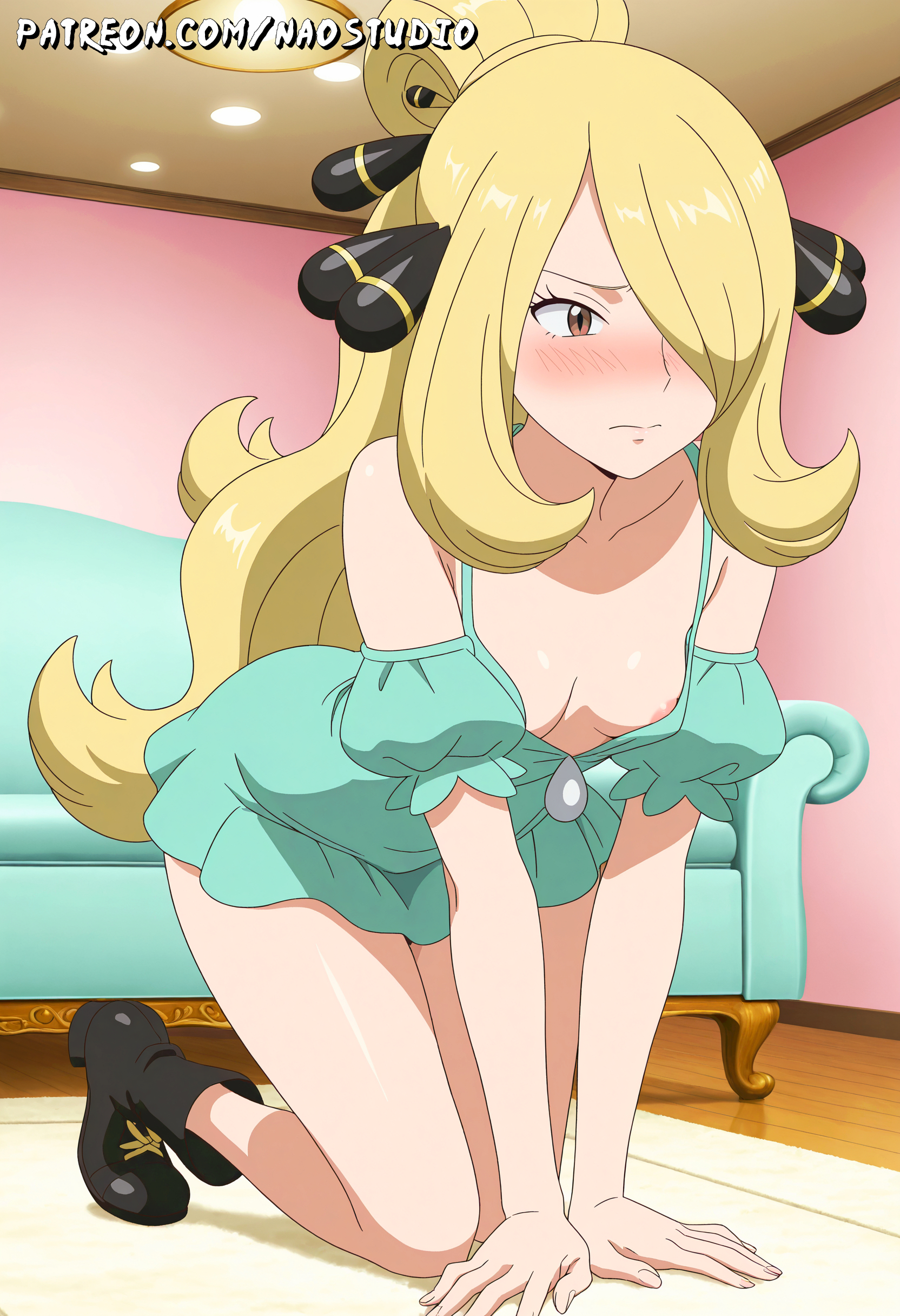 ai generated, ass, ass up, bent over, big breasts, blonde hair, blue eyes, blush, breasts, cynthia (pokemon), detailed background, female, garchomp, grey eyes, highres, huge breasts, large ass, large breasts, long hair, lucario (pokemon), milotic (pokemon), naked, naostudio, nipples, nude, platinum blonde hair, pokemon, pokemon (species), pokemon champion, pokemon dppt, pussy, roserade (pokemon), sinnoh champion, solo, spiritomb (pokemon), spread legs, sweat, tall female, thick thighs, togekiss (pokemon), wide hips