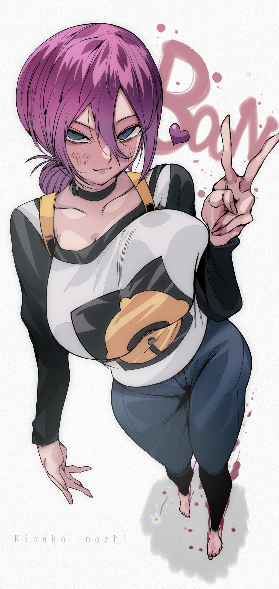1girls, big breasts, chainsaw man, female, omochi db, only female, peace sign, reze (chainsaw man), simple background, wide hips