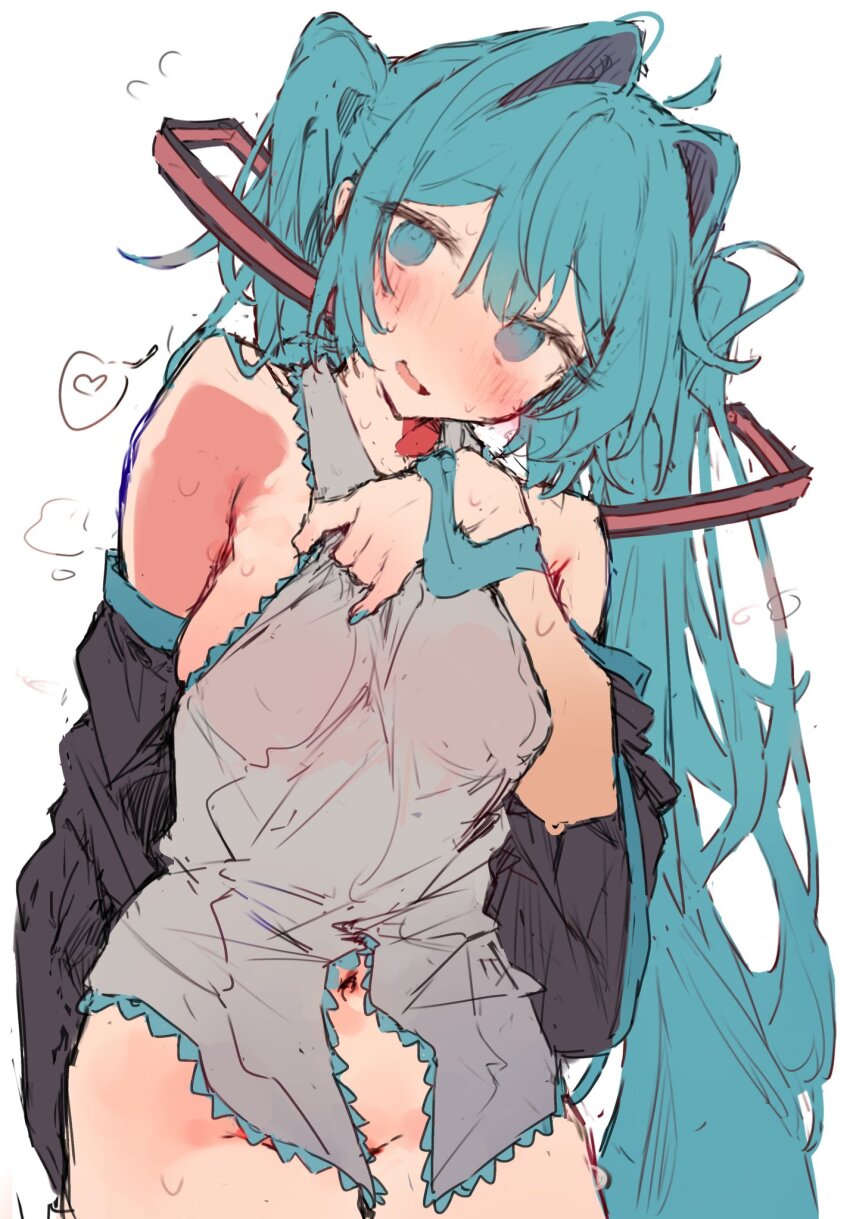 1girl, ahoge, aqua eyes, aqua hair, aqua nails, aqua necktie, bare shoulders, black sleeves, blush, bottomless, bunchi, clothes pull, cowboy shot, detached sleeves, female, flying sweatdrops, grey shirt, hatsune miku, head tilt, heart, highres, long hair, looking at viewer, navel, necktie, no panties, open mouth, pulling own clothes, shirt, shirt pull, simple background, sleeveless, sleeveless shirt, solo, spoken heart, steam, sweat, twintails, very long hair, vocaloid, white background