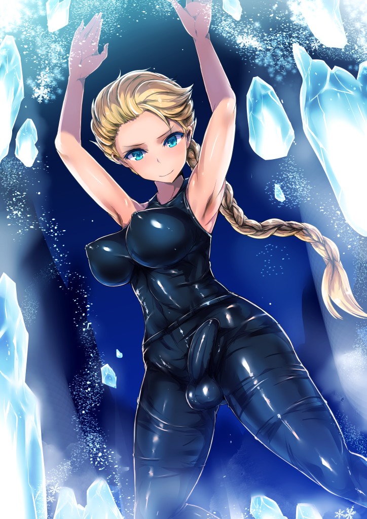 1futa, balls, balls bulge, balls in bodysuit, bimbo, blonde hair, blue eyes, braid, breasts, bulge, busty, cleavage, dickgirl, disney, elsa (frozen), erection, erection under clothes, female, frozen (film), futa only, futanari, hourglass figure, human, impossible clothing, intersex, latex, latex bodysuit, latex breasts, latex futa, latex suit, latex thigh highs, latex thighhighs, nipple bulge, penis, penis bulge, penis in bodysuit, pokies, solo, solo futa, standing, tied hair, tight clothes, ubanis, voluptuous