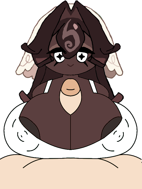 2d, beat banger, black forest cookie, breasts, brown hair, brown nipples, brown skin, cookie run, cookie run kingdom, image, looking at viewer, penis, still image, werth, white bra, white eyes, white headwear
