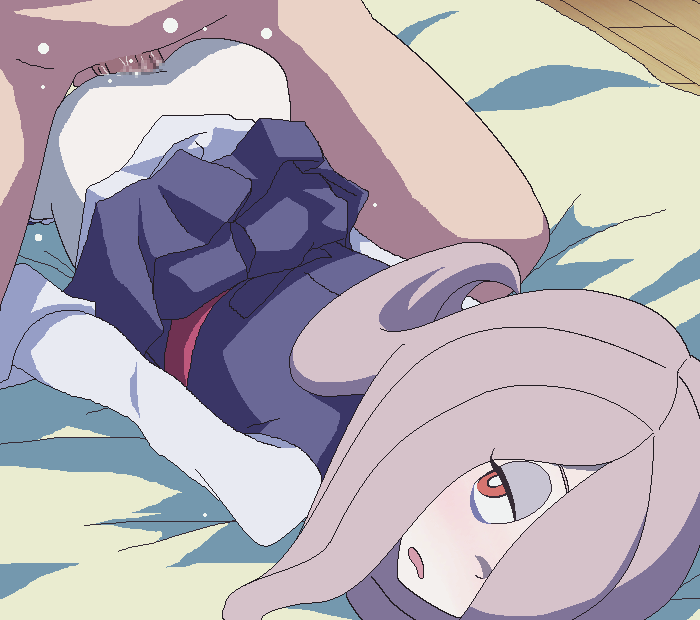 1boy, 1girls, bed, censored, clothed female nude male, doggy style, female, filipino, filipino female, little witch academia, male, pale skin, penis, purple hair, red eyes, sex, straight hair, studio trigger, sucy manbavaran, tomu (tomubobu)