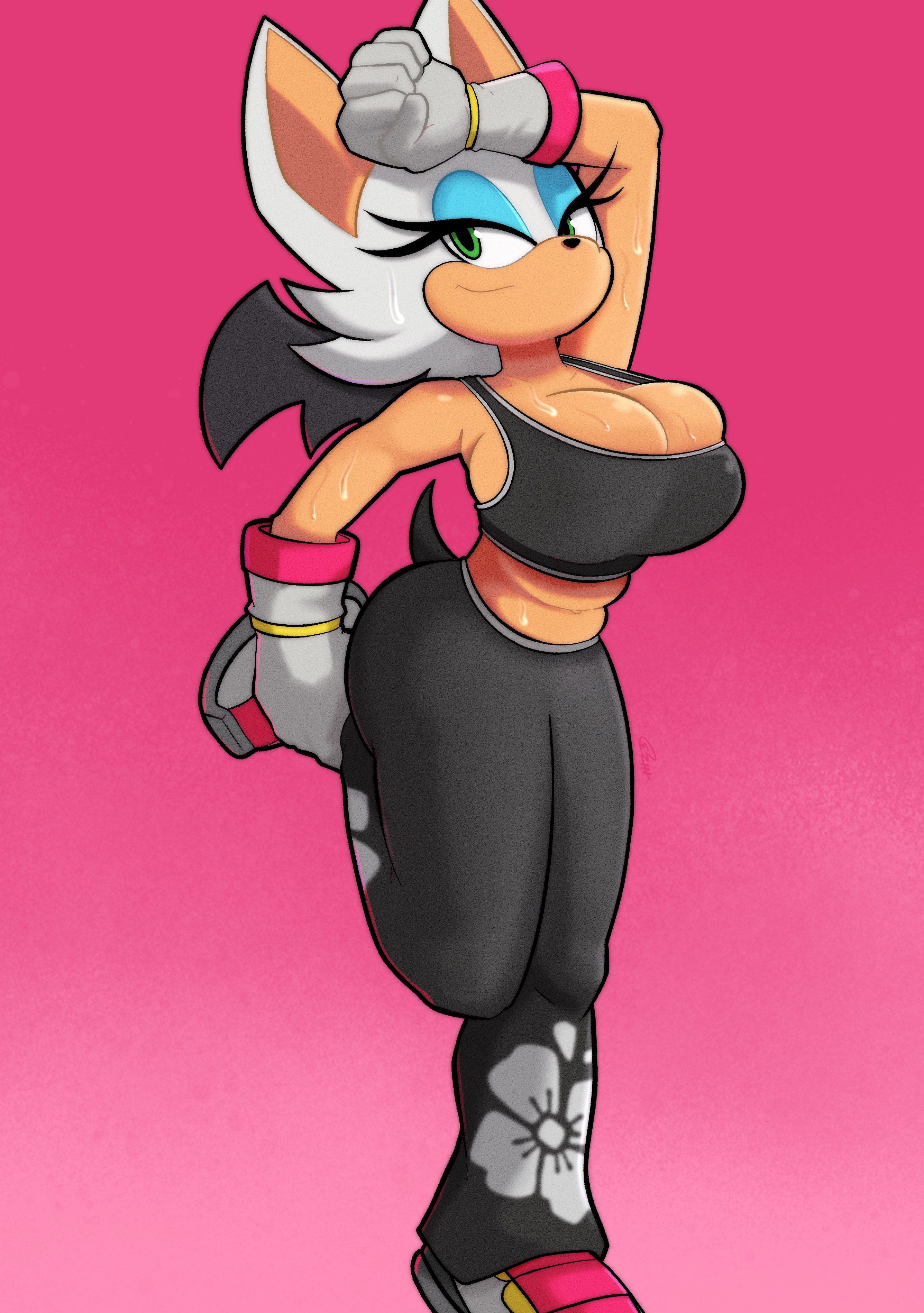 1girls, about to burst, barely contained, barely contained breasts, barely fits, breasts, cleavage, female, female only, roboticsteve, rouge the bat, sonic (series), sports bra, stretching, sweat, sweating, tagme, thighs, tight fit, undersized clothes