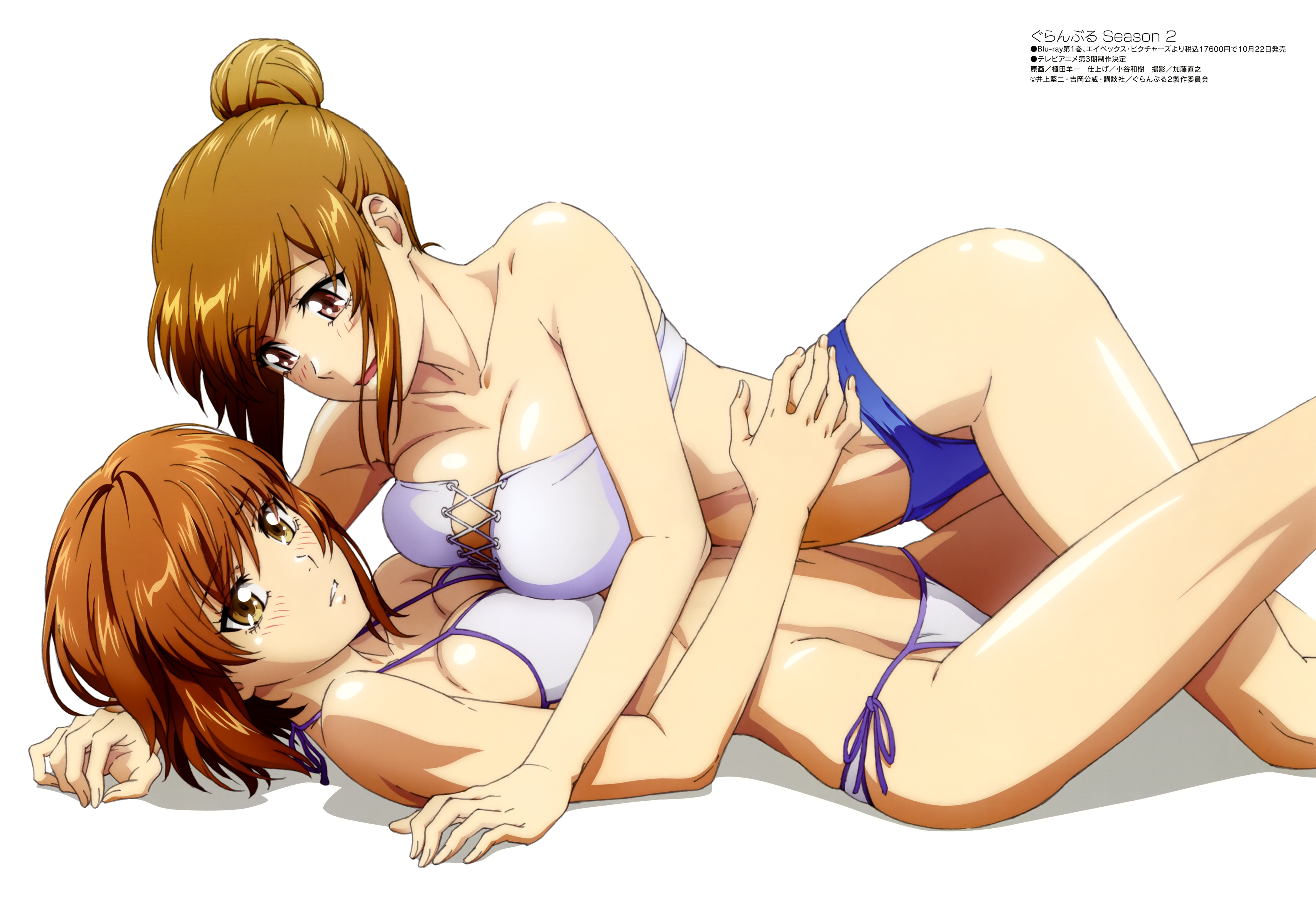 2girls, absurd res, bare shoulders, bikini, blue bikini, breast press, breasts, brown eyes, brown hair, cleavage, copyright name, copyright notice, cowgirl position, female, grand blue, groin, hair bun, highres, kotegawa chisa, kotegawa nanaka, large breasts, looking at viewer, magazine scan, medium breasts, megami magazine, mismatched bikini, multiple females, multiple girls, navel, official art, open mouth, scan, short hair, siblings, side-tie bikini bottom, sidelocks, simple background, sisters, stomach, strapless, strapless bikini, swimsuit, symmetrical docking, thighs, ueda youichi, white background, white bikini