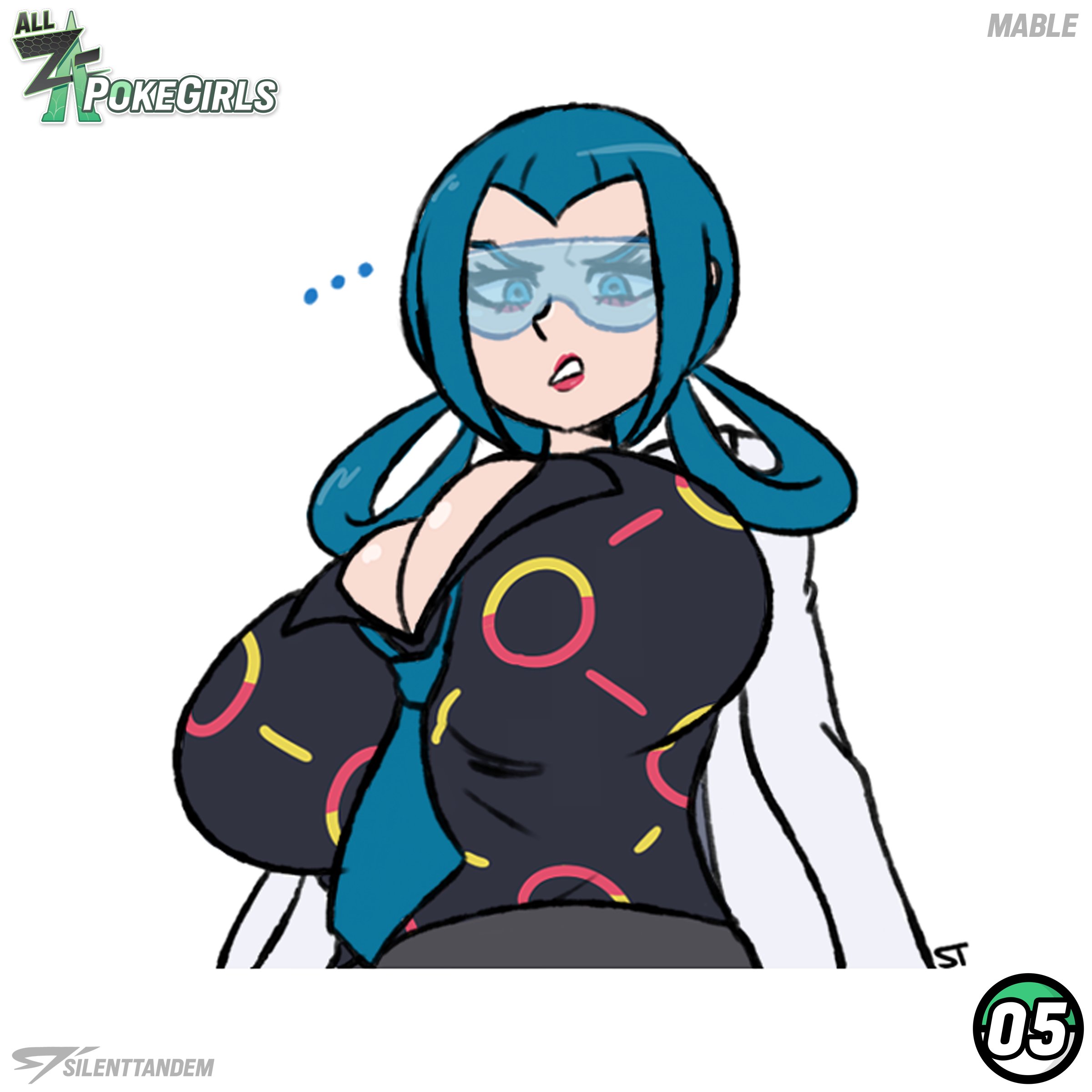 1girls, artist name, bangs, big breasts, blue eyes, blue hair, breasts, cleavage, dress, english text, female, game freak, glasses, huge breasts, labcoat, large breasts, long hair, mable (pokemon legends: z-a), mable (pokemon), momiji (pokemon legends: z-a), momiji (pokemon), necktie, nintendo, pokemon, pokemon legends: z-a, signature, silenttandem, solo, tinted eyewear, white coat