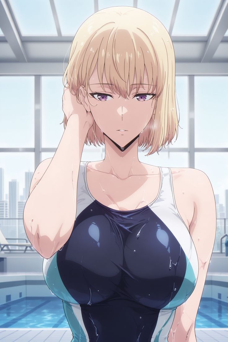 ai generated, big breasts, blonde hair, cha hae in, female, front view, purple eyes, solo female, solo leveling, swimsuit