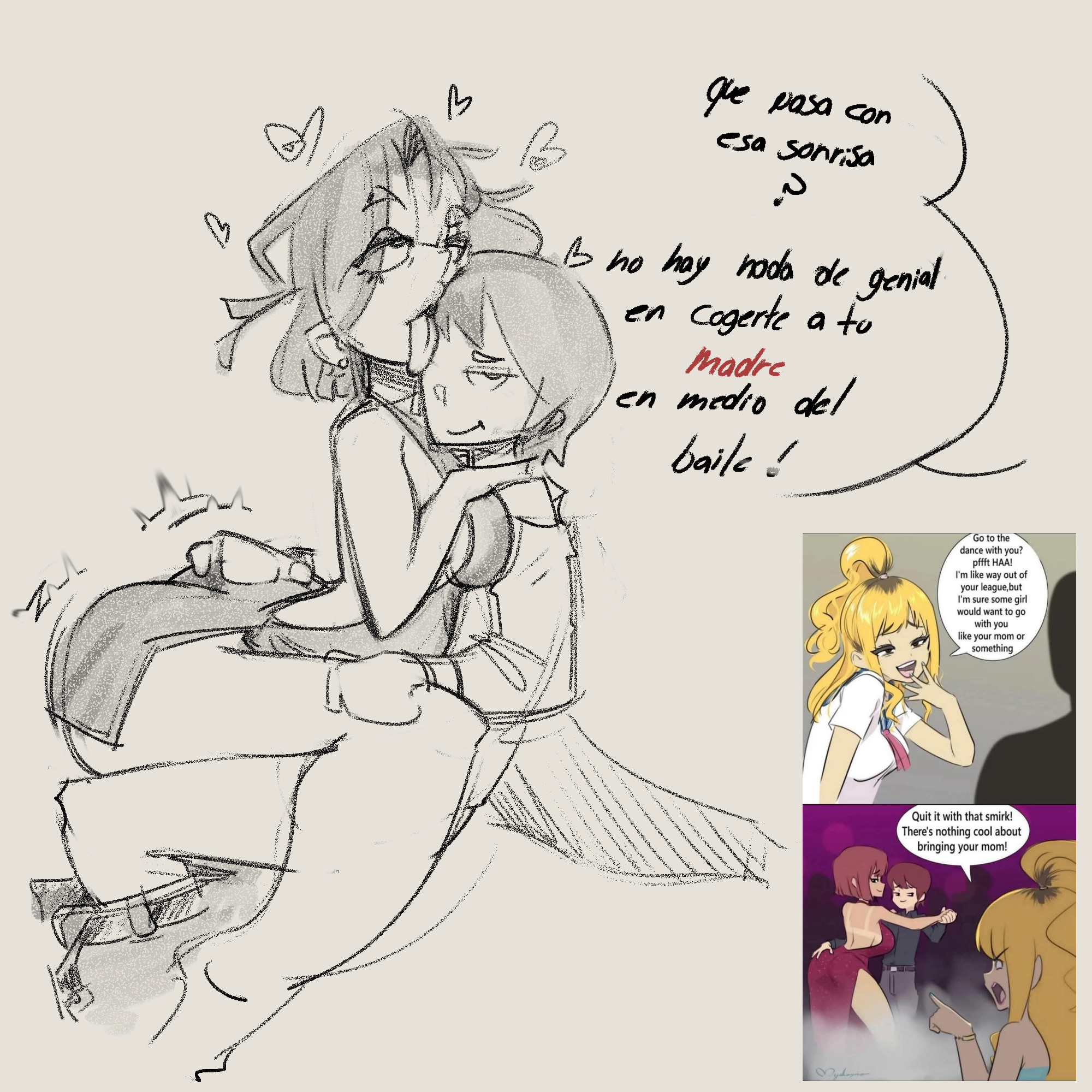 fanart, incest, meme, mother, mother and son, night dress, sketch, skuunk02, son penetrating mother, spanish text, tongue out