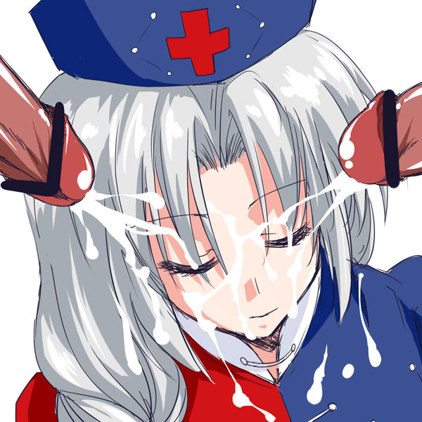 1girls censored closed_eyes cum eirin_yagokoro facial female hat mikagami_sou multiple_boys penis touhou white_hair