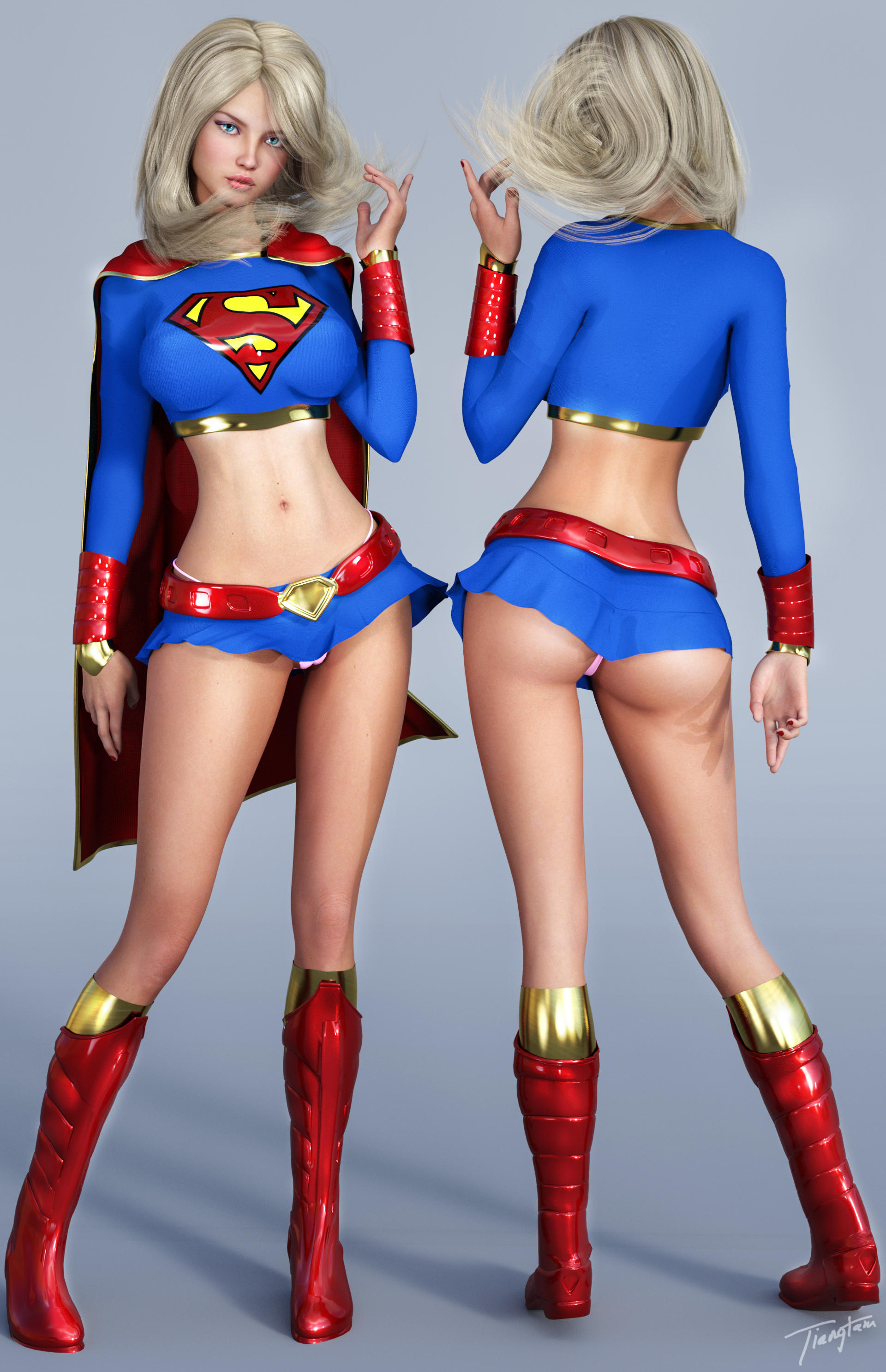 1girls, 3d, argoan, ass, back view, belly button, belt, blonde hair, blue eyes, blue miniskirt, blue shirt, blue skirt, blue topwear, boots, breasts, cameltoe, cape, dc, dc comics, eyeshadow, female, female only, flipped hair, from behind, front view, hair flipped, kara danvers, kara zor-el, kryptonian, lipstick, long hair, makeup, mascara, medium breasts, microskirt, midriff, miniskirt, nail polish, navel, nipple bulge, nipples, panties, pink lips, pink panties, pink thong, pinup, pussy, red belt, red boots, red cape, red nail polish, red nails, revealing clothes, shirt, signature, skirt, solo, standing, stomach, supergirl, supergirl (volume 5), superheroine, superman (series), text, thighs, thong, tiangtam, tiptoes, topwear, vulva