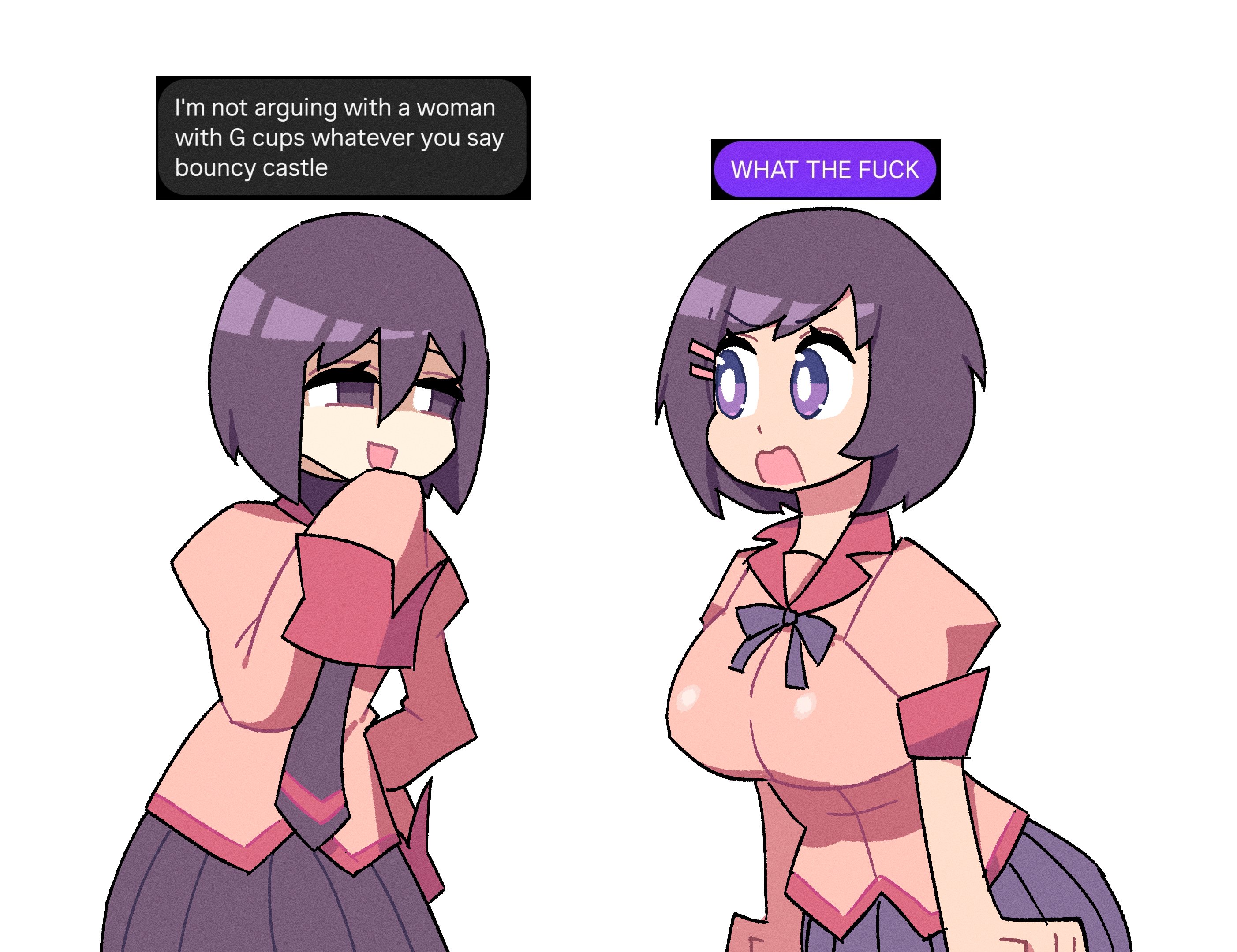 2girls, bakemonogatari, bob cut, breasts, bright pupils, commentary, empty eyes, english commentary, english text, hair between eyes, hair ornament, hairclip, hanekawa tsubasa, highres, large breasts, long sleeves, looking at another, meme, monogatari (series), multiple girls, naoetsu high school uniform, oshino ougi, pink shirt, profanity, purple eyes, purple hair, ruw ruler, school uniform, shirt, short hair, short sleeves, simple background, sleeves past fingers, sleeves past wrists, white background, white pupils