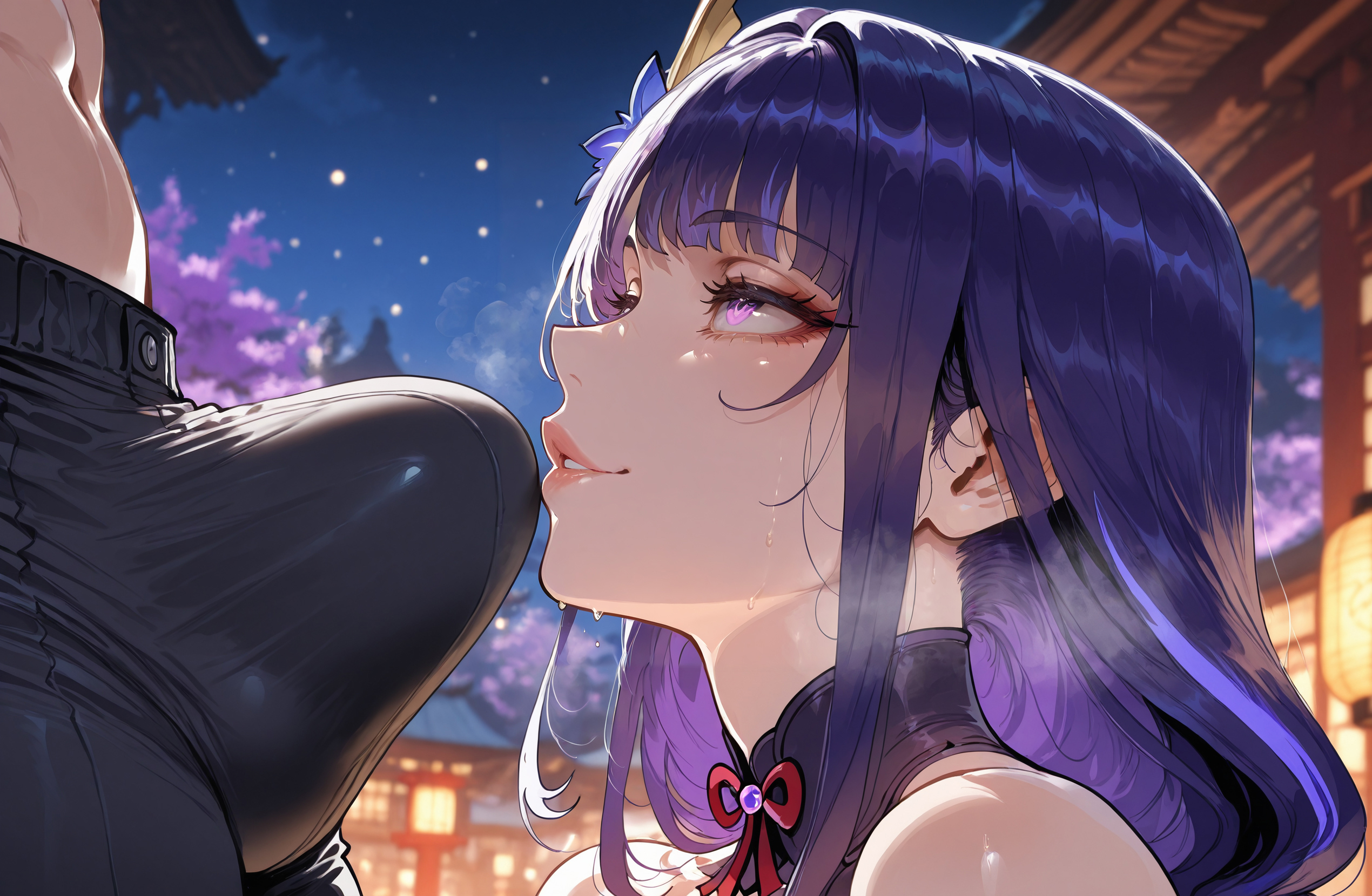 1boy, ai generated, bangs, bare shoulders, black dress, blunt bangs, breasts, bulge, bulge under clothes, china dress, chinese clothes, curvaceous, curvaceous female, curvaceous figure, curvy, curvy body, curvy female, curvy figure, curvy hips, dress, fan, female, genshin impact, hair ornament, imminent fellatio, imminent oral, imminent penetration, imminent sex, kimono, lips, long hair, looking at viewer, male, mature female, miyuai, night, night sky, purple eyes, purple hair, raiden shogun, sky, smile, solo, tagme, thick, thick ass, thick legs, thick thighs, uncensored, voluptuous, voluptuous body, voluptuous female
