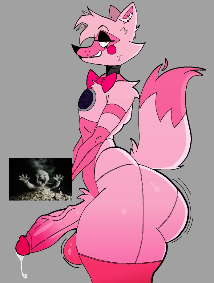 1boy, 1femboy, animatronic, anthro, artstyle imitation, ash baby, ass, bowtie, cock, dick, dripping cum, femboy, five nights at freddy's, five nights at freddy's: sister location, funtime foxy (fnaf), huge ass, huge thighs, large ass, large thighs, male, male focus, male only, meme, penis, precum, robot, scottgames, solo, tail