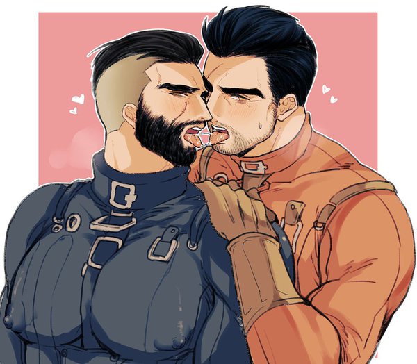 2boys arthur_maxson bara beard danse_(fallout_4) facial_hair fallout fallout_4 kiricloud kissing licking male_only multiple_boys muscle paladin_danse saliva scar tongue tongue_out yaoi