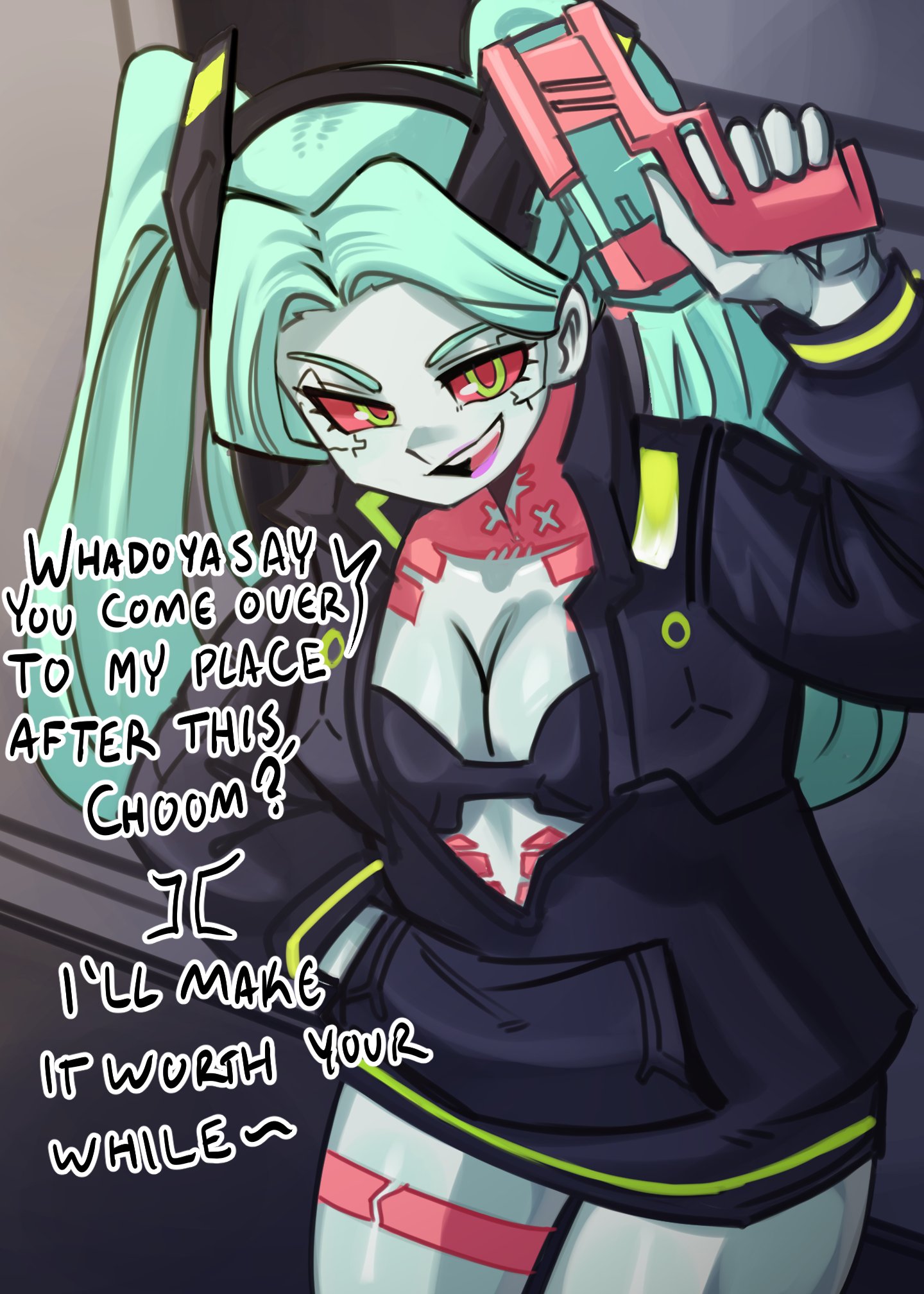 1girls, breasts, busty, clothing, cyberpunk, cyberpunk: edgerunners, english text, female, firearm, green hair, green skin, gun, handgun, human, jacket, light skin, light-skinned female, moxydraws, moxydrawsmore, nonsexual, open jacket, outerwear, pale skin, pale-skinned female, petite, rebecca (edgerunners), speaking to viewer, weapon