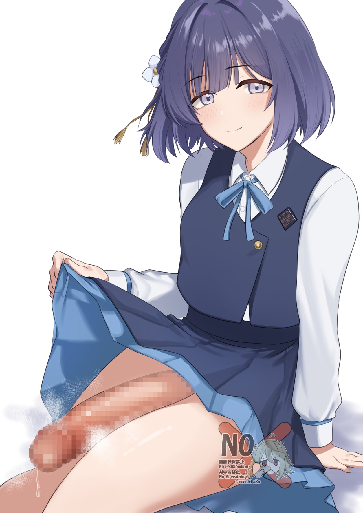 1boy, blue hair, censored, censored penis, crossdressing, dick, do not repost, eeeeeiti aka, fat cock, femboy, huge cock, hung, hung trap, large penis, light skin, light-skinned male, male, male only, mostly clothed, penis, penis out, pixelated penis, skirt, smile, smiling, thick penis, trap, twink