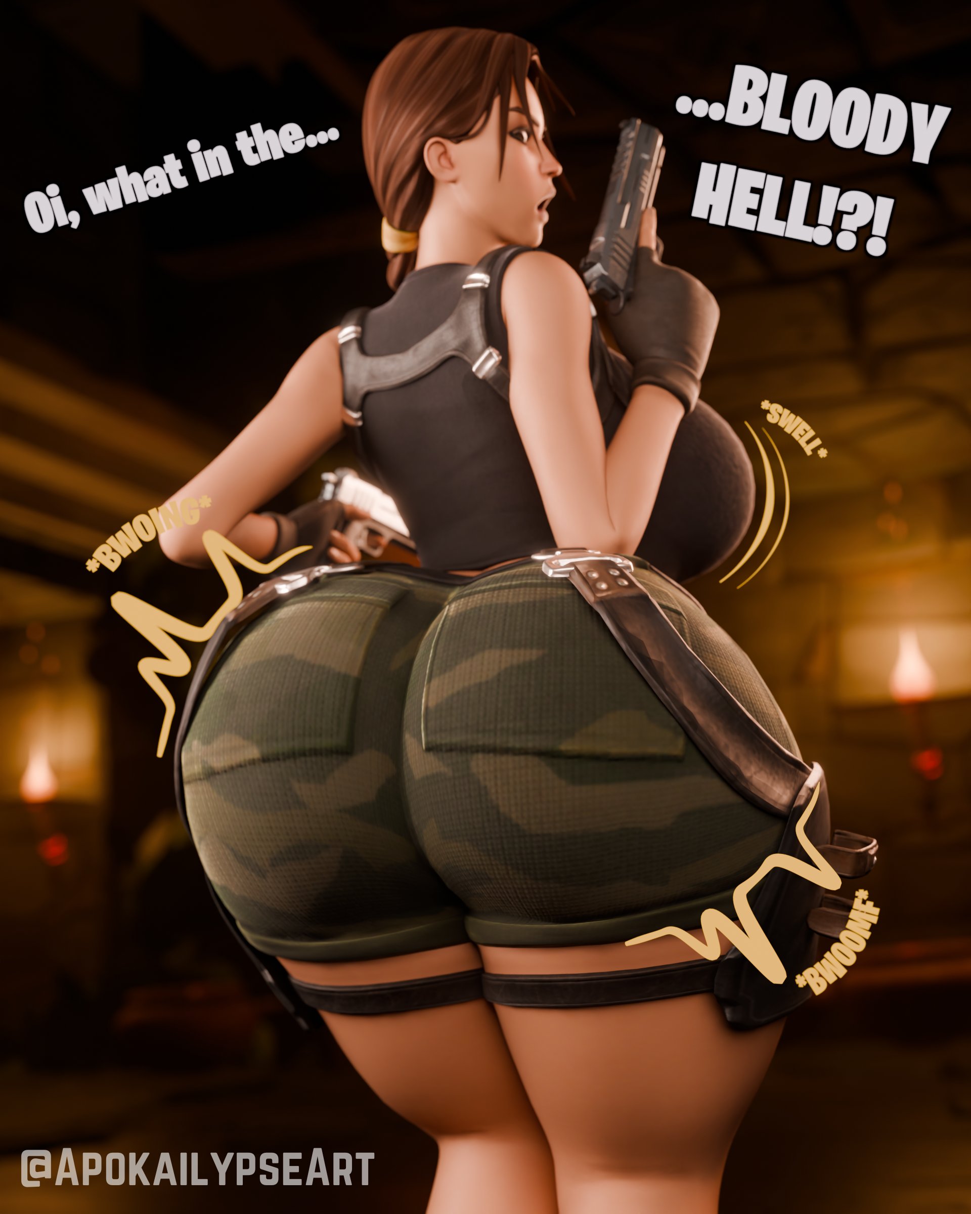 1girls, 3d, 3d (artwork), apokailypseart, ass, ass expansion, ass growth, ass inflation, big ass, big booty, big breasts, big butt, big thighs, booty, breast expansion, breast growth, breast growth (enlargement), breast inflation, breasts, dat butt, fat ass, fat booty, fat butt, female, female focus, female only, gun, huge ass, huge booty, huge butt, inflated ass, inflated breasts, lara croft, large ass, large booty, large butt, massive ass, massive booty, massive butt, pistol, short pants, solo, solo female, solo focus, tagme, text, thick thighs, thighs, tomb raider