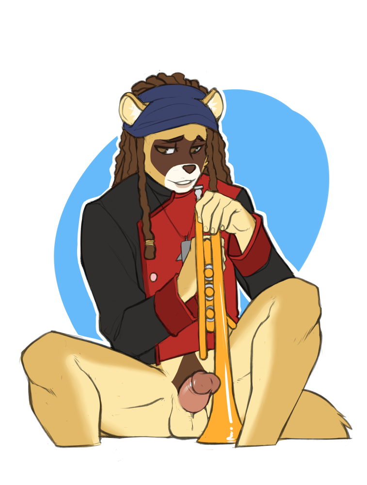 anthro balls bottomless clothed clothing dreadlocks erection faint_(artist) humanoid_penis looking_at_viewer male mammal musical_instrument penis solo tanuki trumpet