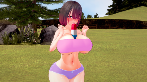 bete_noire betty_noire big_breasts blush bra brown_hair glitchtale gras grass hair_covering_one_eye koikatsu licking_popsicle open_mouth panties pink_bra popsicle purple_panties red_eyes red_hair saliva short_hair skirt stone tree trees
