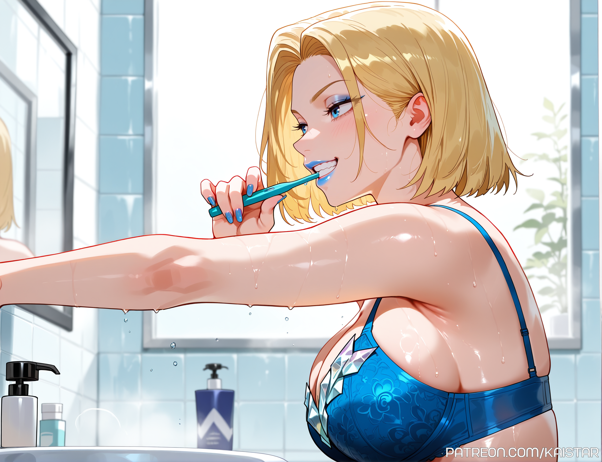 1girls, 2d, ai generated, bathroom, bathroom tiles, big breasts, blonde eyebrows, blonde female, blonde hair, blonde-haired female, blue clothing, blue eyes, blue eyeshadow, blue lips, blue lipstick, blue nails, bob cut, bra, breasts, brushing, brushing teeth, clenched, detailed background, emma frost, emma frost (marvel rivals), eyelashes, eyeshadow, female, female only, from side, hair behind ear, half-closed eyes, huge boobs, huge breasts, kaistar, large boobs, large breasts, light skin, light-skinned female, looking away, marvel, marvel comics, marvel rivals, medium hair, patreon, short hair, sink, smile, smiling, smirk, solo, solo female, solo focus, teeth, toothbrush, underwear, white skin, white skinned, white skinned female