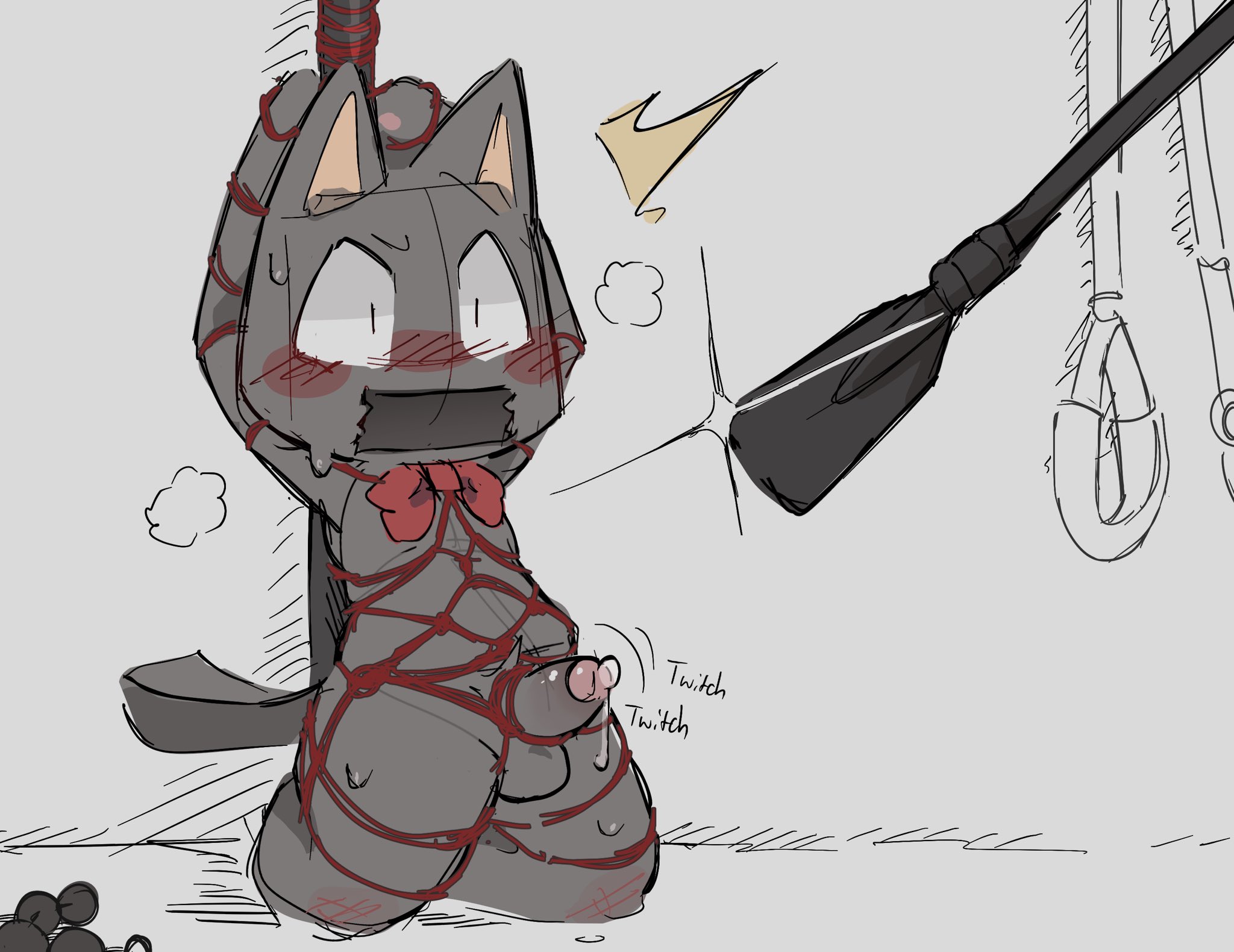 bj (artist), blush, bodily fluids, bondage, bow tie, cat boy, cat ears, cat tail, catboy, doko demo issho, domestic cat, genital fluids, genitals, hi res, kuro (doko demo issho), male, male only, mammal, non-human, non-human only, penis, precum, precum drip, precum string, simple background, sketch, sony interactive entertainment, steam, surprised, surprised expression, tape, taped mouth, tied hands, toony, whip