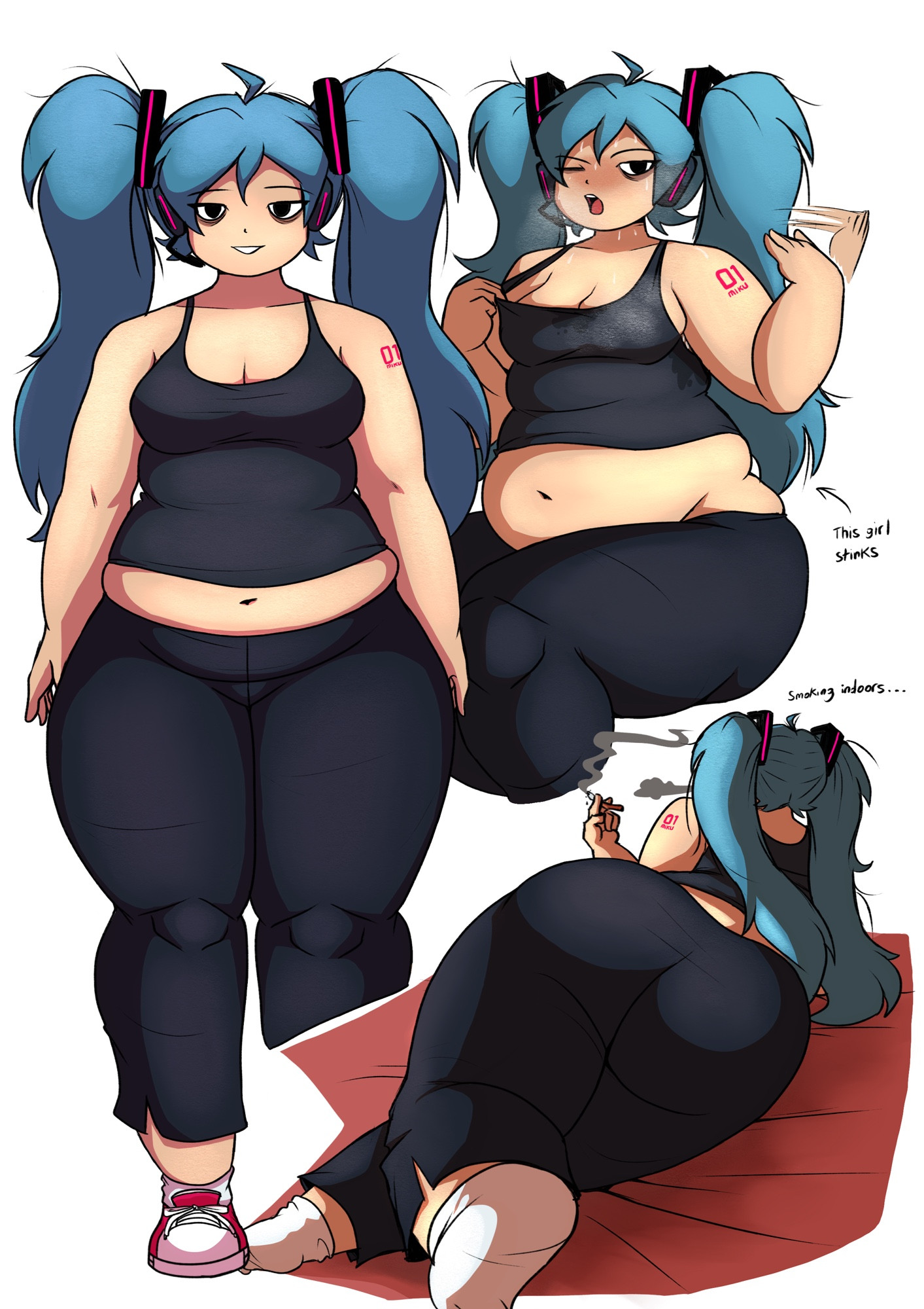 1girl, ahoge, ass, bbw, belly, big belly, blue hair, breasts, chubby, chubby female, cigarette, cleavage, fat, female, gym clothes, hatsune miku, headphones, headset, holding cigarette, huge ass, jaymandump, jmd, laying down, leggings, long hair, looking at viewer, medium breasts, multiple views, navel, one eye closed, open mouth, pants, plump, shoes, shoulder tattoo, smelly, smile, smoking, smoking cigarette, sneakers, socks, stinky, sweat, sweating, tank top, tattoo, thick, thick arms, thick ass, thick thighs, thighs, twintails, very long hair, vocaloid, wide hips, yoga pants