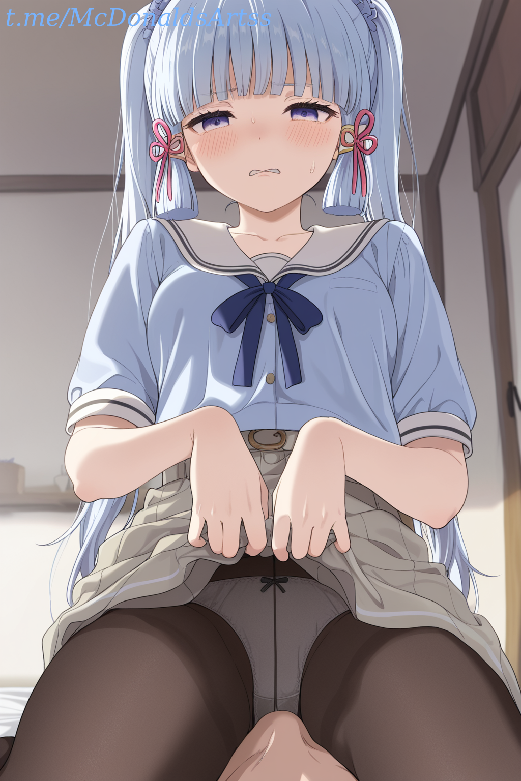 1boy 1boy1girl 1girl 1girl1boy 1girls ai_generated black_pantyhose blue_eyes blue_hair blue_shirt blunt_bangs blunt_tresses blush bow bow_panties breasts clenched_teeth clothes_lift collarbone commentary_request cunnilingus female female/male female_focus genshin_impact grey_skirt hair_ornament hair_ribbon hair_scrunchie indoors kamisato_ayaka lifted_by_self light_blue_hair long_hair looking_at_viewer male male/female male_pov mole mole_under_eye oral panties panties_under_pantyhose pantyhose parted_lips pleated_skirt pov_male ribbon sailor_collar school_uniform scrunchie serafuku shirt short_sleeves sidelocks sitting sitting_on_face sitting_on_person skirt skirt_lift straight teeth thighband_pantyhose tress_ribbon twintails underwear white_panties white_sailor_collar zelanell